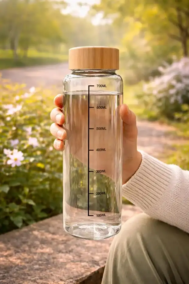 Bambu Kapaklı Cam Matara Sporcu Suluğu Taşınabilir Su Şişesi 700 ml Vakumlu Suluk