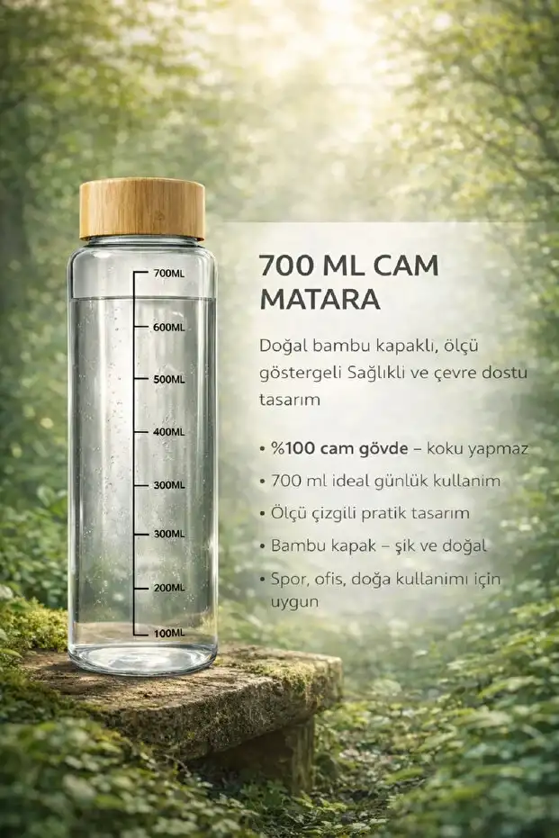Bambu Kapaklı Cam Matara Sporcu Suluğu Taşınabilir Su Şişesi 700 ml Vakumlu Suluk