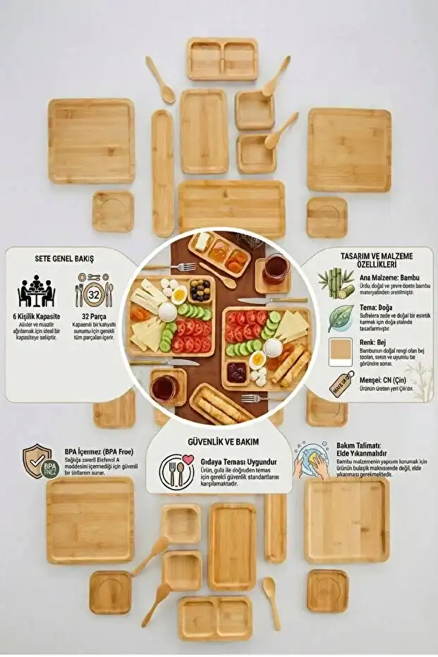 32 Parça Bambu 6 Kişilik Serisi Kahvaltı Seti Kahvaltı Takımı Sunum Servis Set Bambu Set