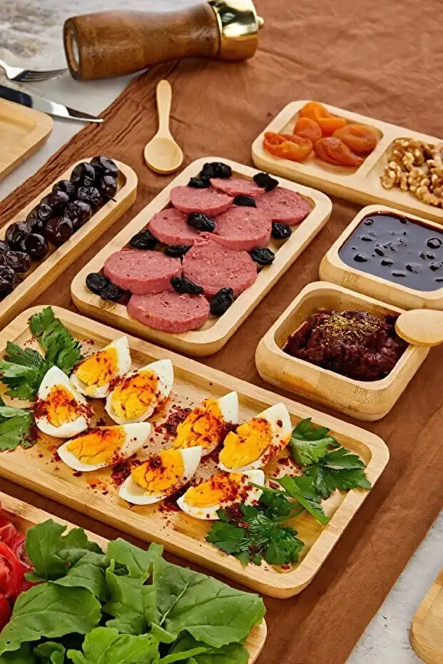 32 Parça Bambu 6 Kişilik Serisi Kahvaltı Seti Kahvaltı Takımı Sunum Servis Set Bambu Set