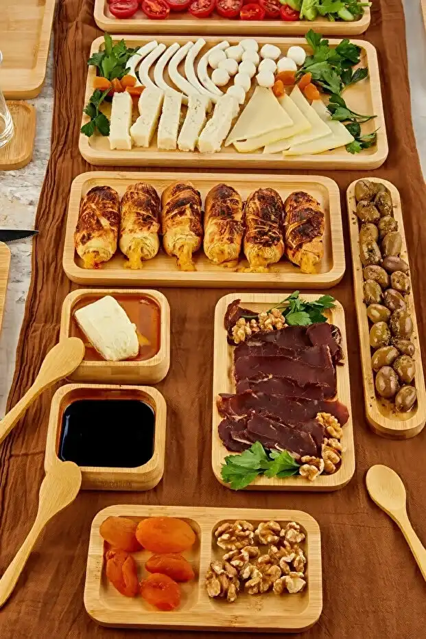 32 Parça Bambu 6 Kişilik Serisi Kahvaltı Seti Kahvaltı Takımı Sunum Servis Set Bambu Set