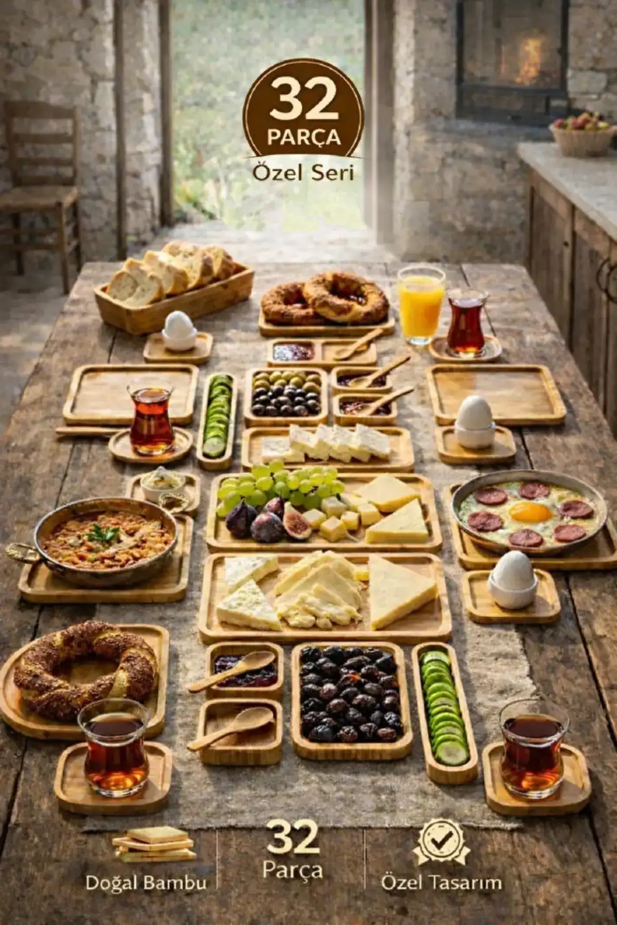 32 Parça Bambu 6 Kişilik Serisi Kahvaltı Seti Kahvaltı Takımı Sunum Servis Set Bambu Set