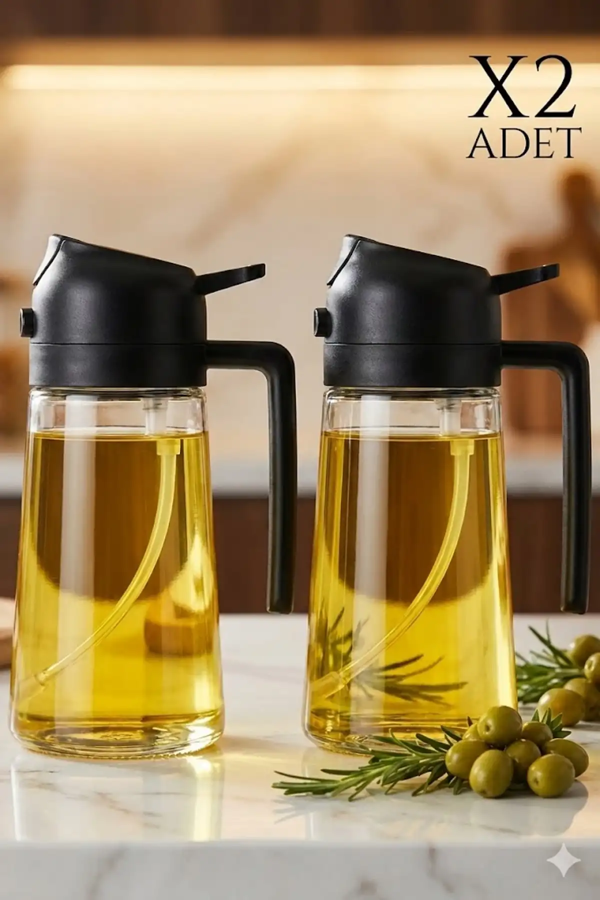 2 Adet Çift Fonksiyonlu Cam Yağdanlık 450ml Zeytinyağı Sıvıyağ Şişe Gri Airfryer Sprey Yağlık Sirkelik