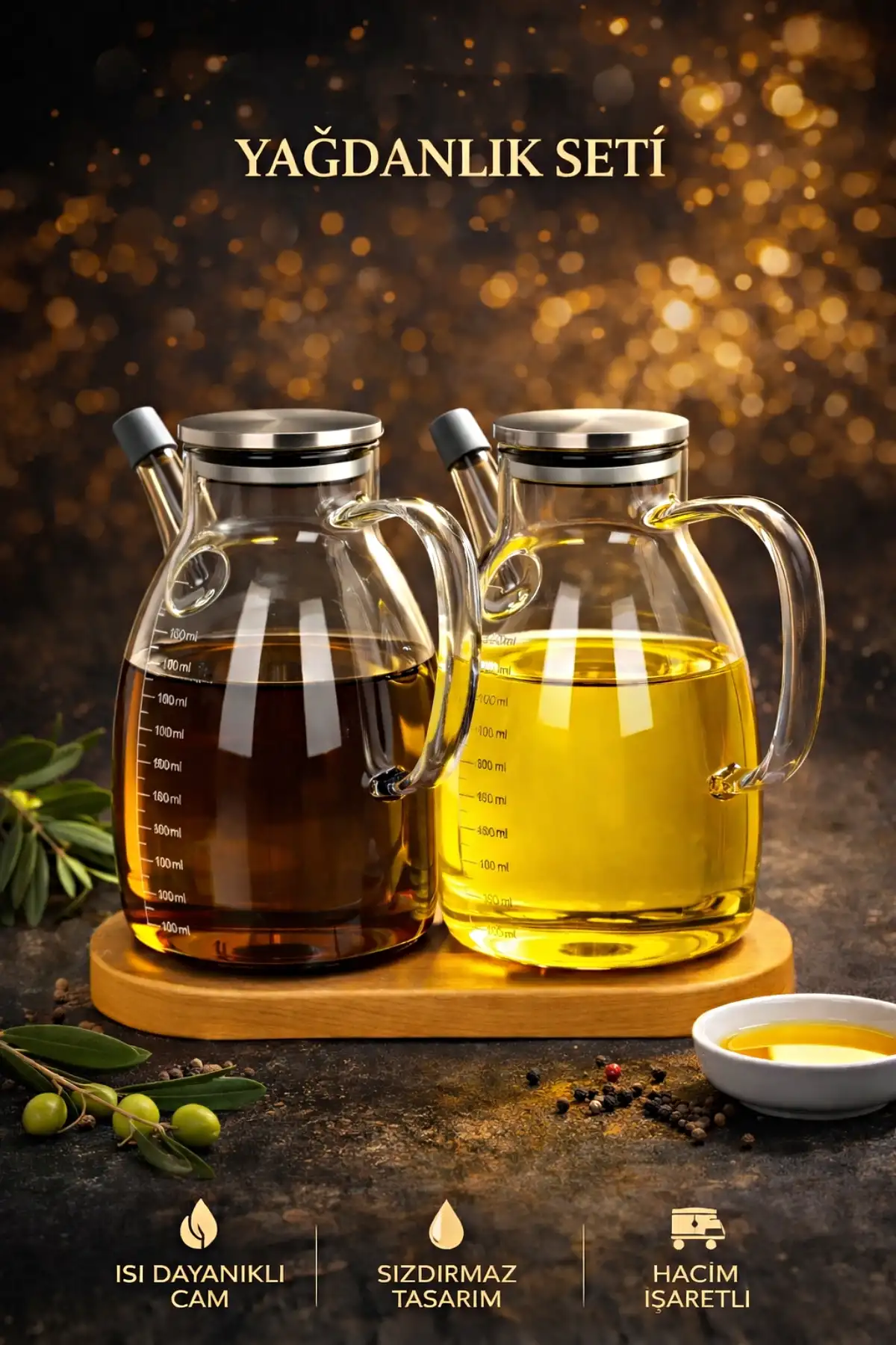 2li Ahşap Standlı 1000ml Zeytinyağı Sıvıyağ Şişesi Borosilikat Cam Çelik Kapaklı Yağlık Yağdanlık