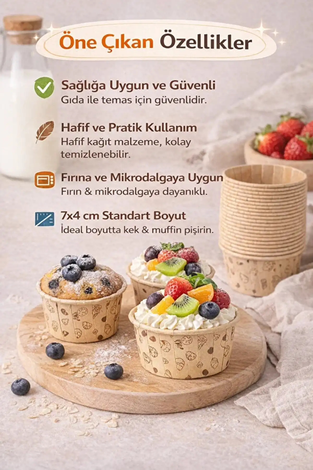 12’li Kraft Muffin Cupcake Kek Kapsülü Naturel Donut Baskılı Kalıp Konsept Airfryer ve Fırın Uyumlu