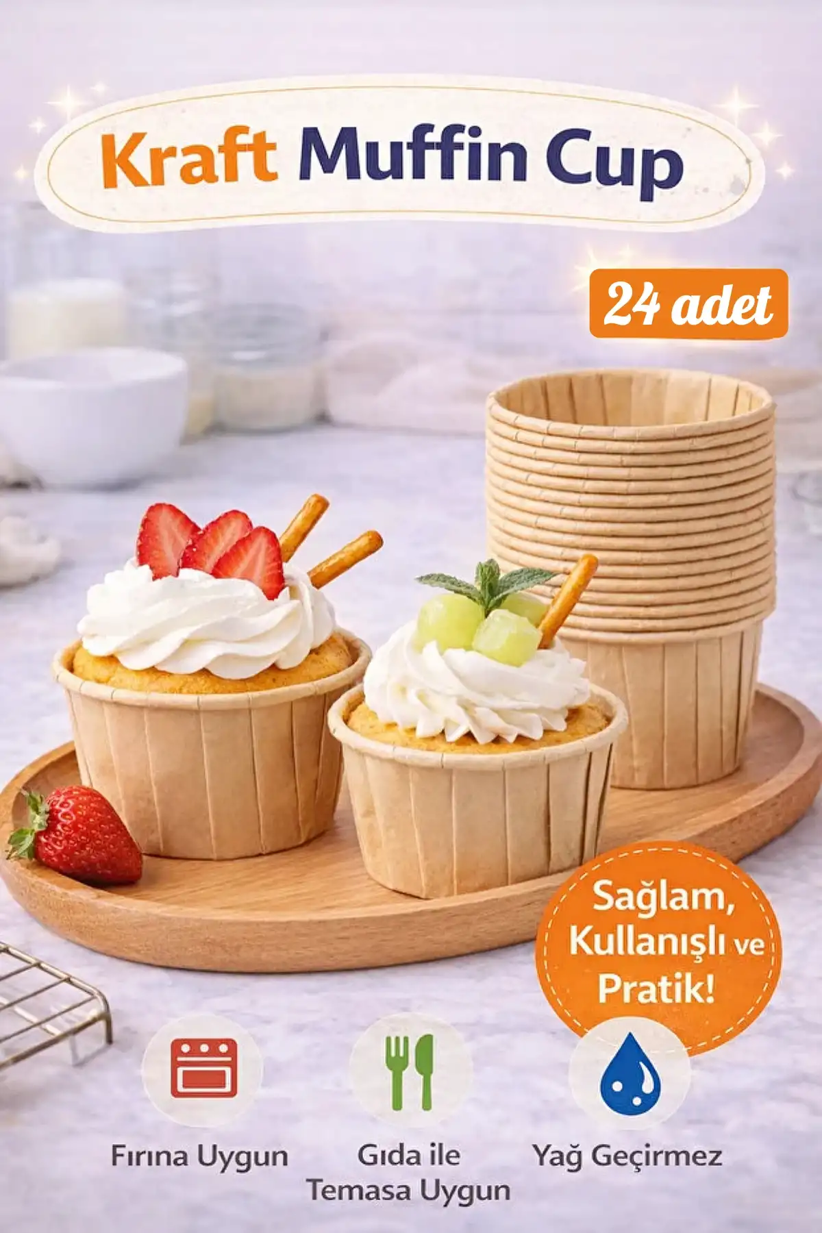 24’lü Kraft Muffin Cupcake Kek Kapsülü Naturel Kağıt Kalıp Konsept Parti Airfryer ve Fırın Uyumlu 
