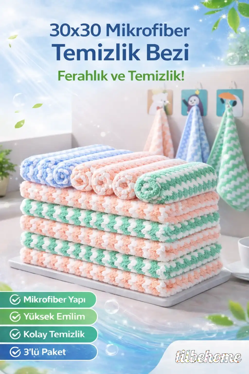 3 Adet Mikrofiber Temizlik Bezi Mercan Kadife Mutfak Pratik Eko Bulaşık Havlusu 30x30 cm