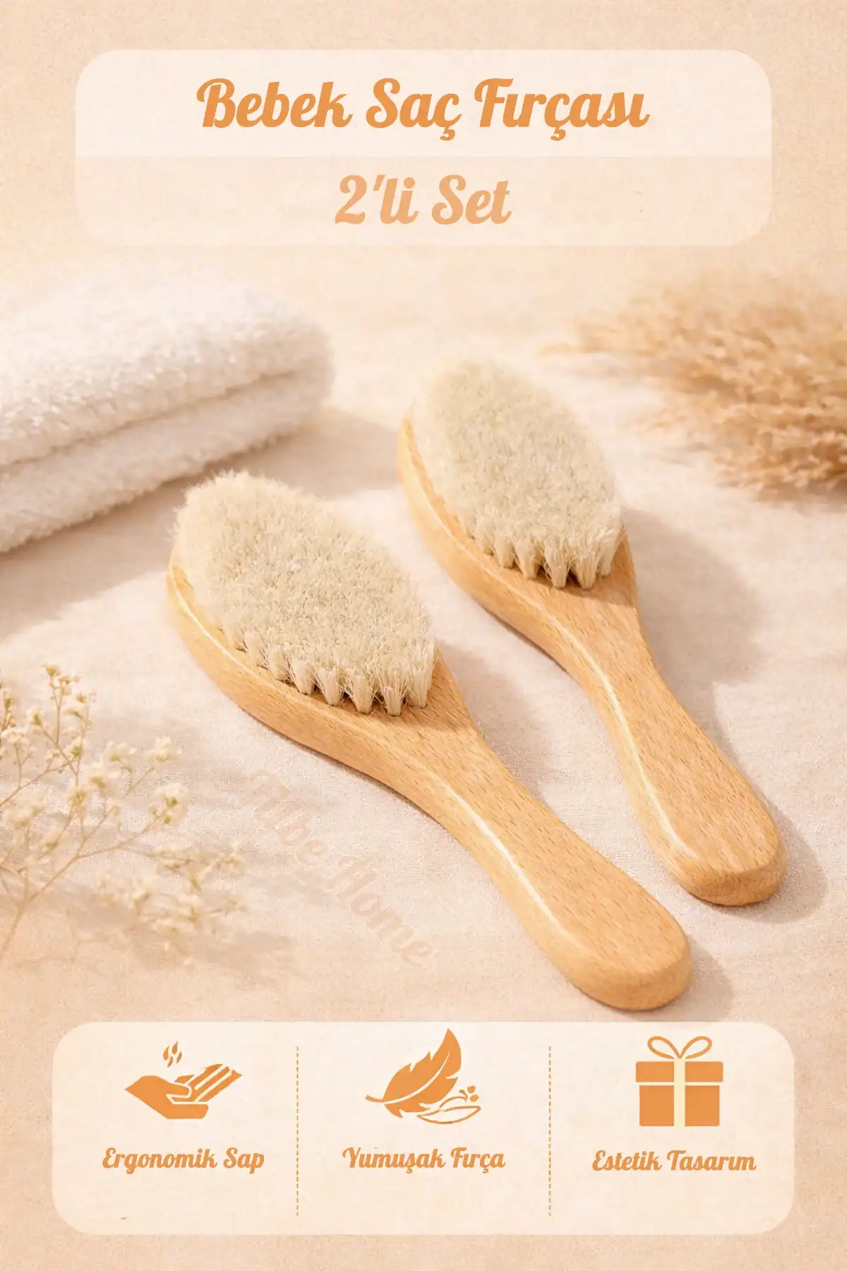 2li Keçi Kılı Bebek Saç Fırçası ve Tarağı | Ergonomik Ahşap Tutma Saplı Masaj Fırçası