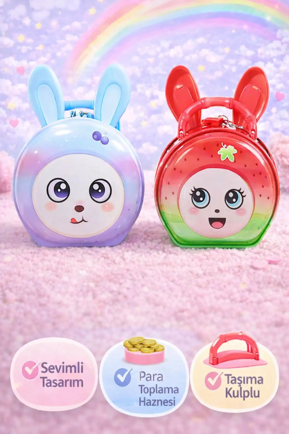 Sevimli Tavşan Tasarımlı Metal Kilitli Kumbara | Anahtarlı Harçlık Biriktirme Figürlü Kumbara Kutusu