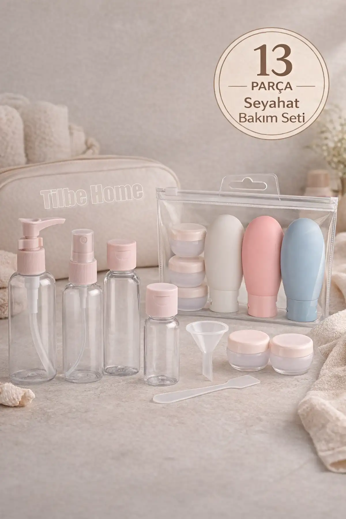 13 Parça Seyahat Bakım Seti Krem Şişeleri Dezenfektan Şişeleri Taşıma Çantalı