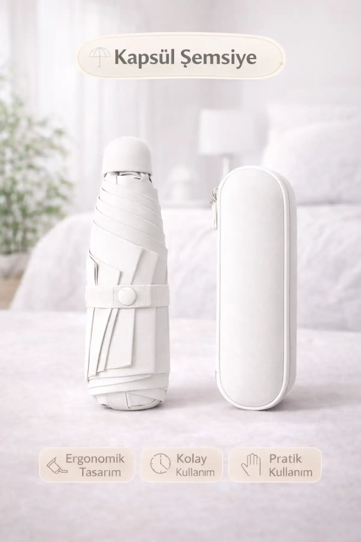 Çantalı Kapsül Şemsiye Manuel 8 Telli Fiber Şemsiye Taşınır Mini Boy Kadın Güneş Şemsiyesi Pembe