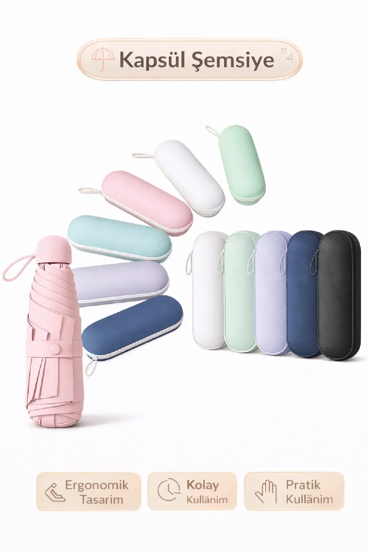 Çantalı Kapsül Şemsiye 8 Telli Fiber Şemsiye Taşınır Manuel Mini Boy Kadın Güneş Şemsiyesi Renk01