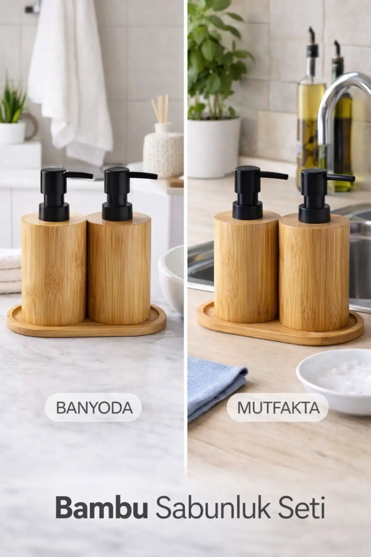 2li Bambu Sabunluk Seti Hands Dishes Mutfak Banyo Sıvı Sabunluk 500ml Doğal Bambu Stantlı Retro Set