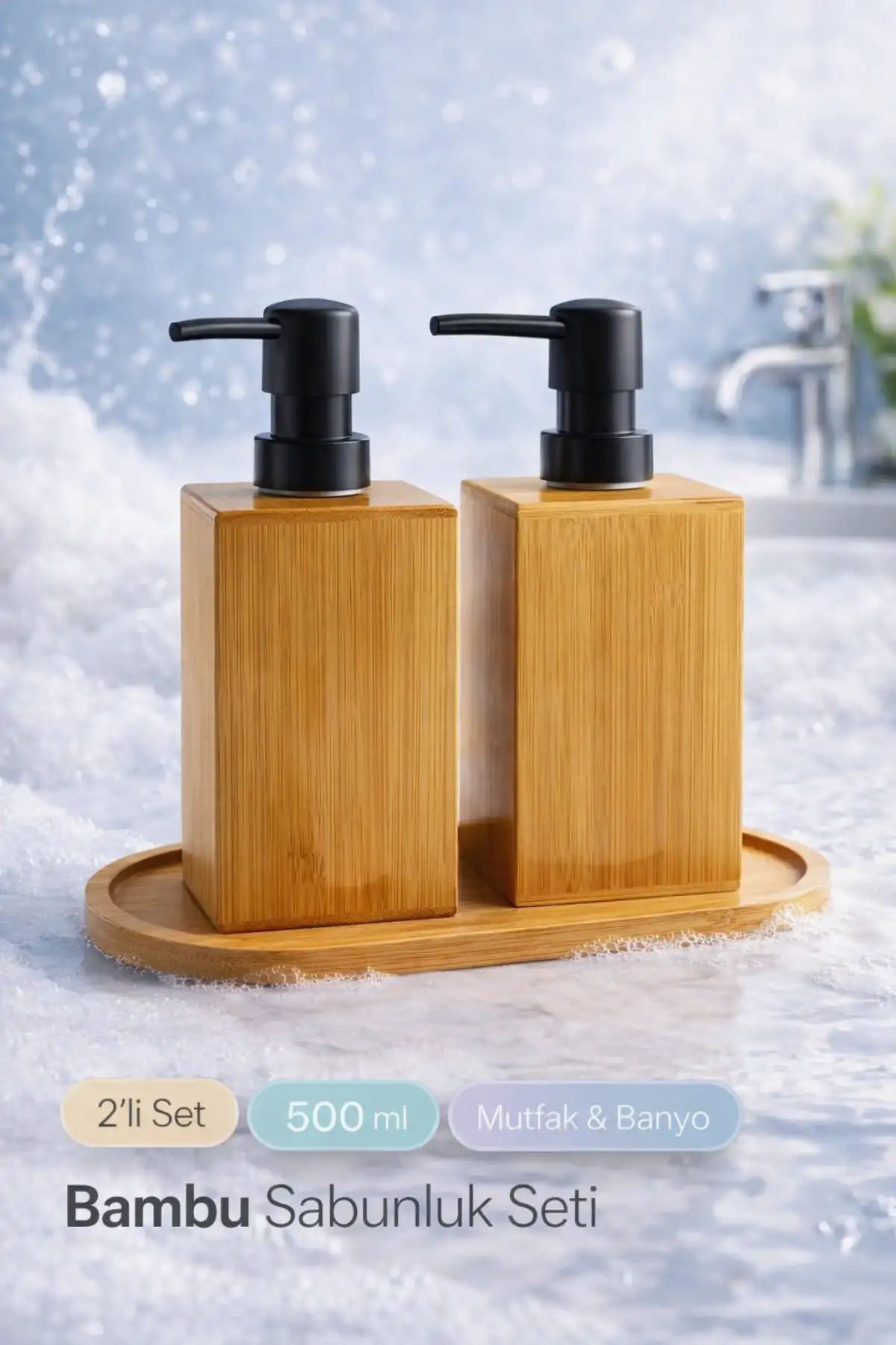 2li Kare Bambu Sabunluk Seti Hands Dishes Mutfak Banyo Sıvı Sabunluk 500ml Doğal Bambu Stantlı Set