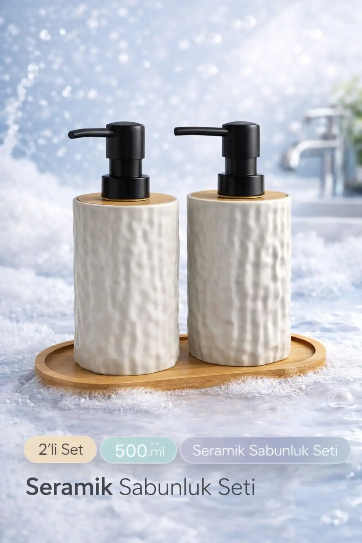 2li Bambu Detaylı Sıvı Sabunluk Seti 500ml Hands Dishes Mutfak Banyo Taş Figürlü Bambu Stantlı Set
