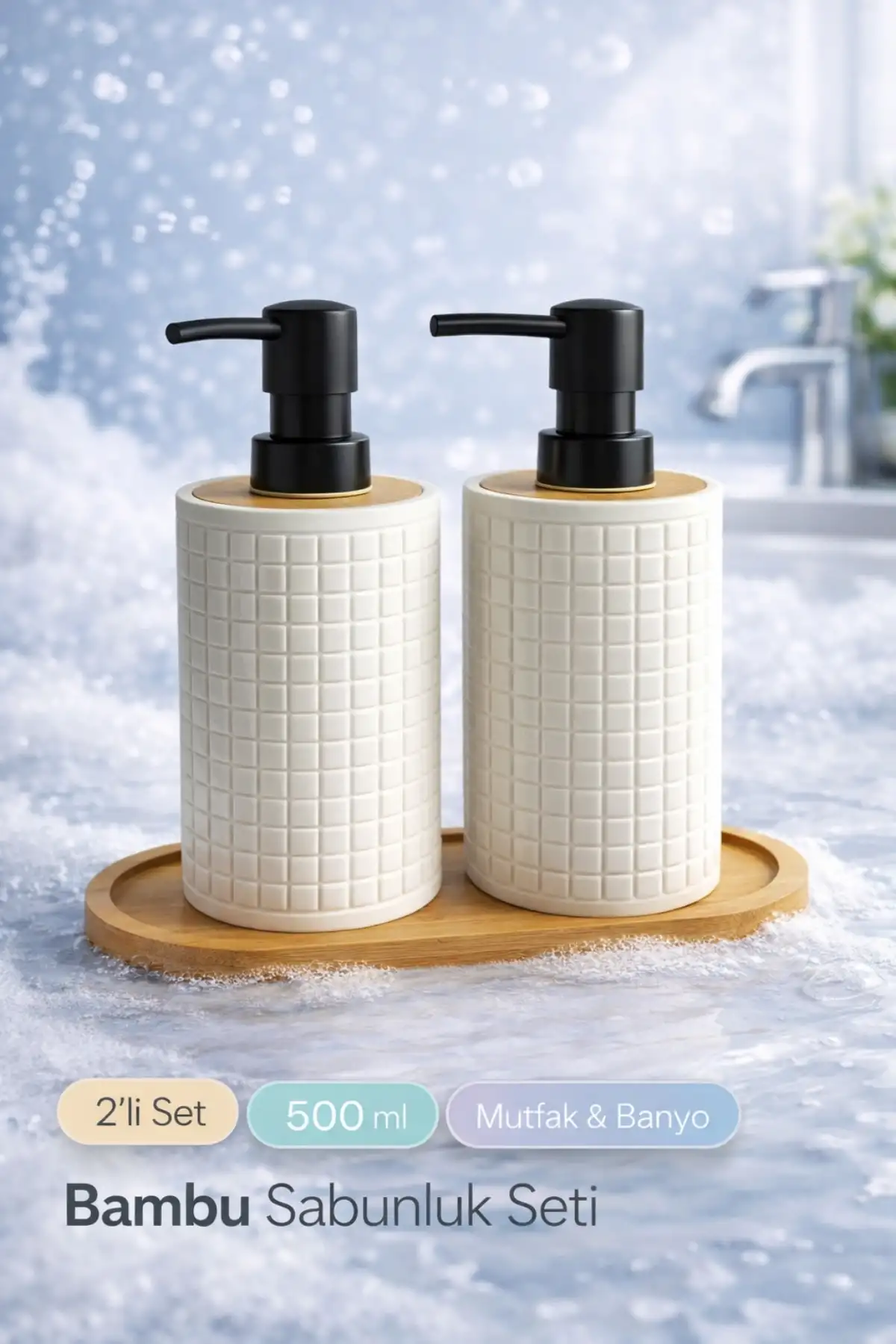 2li Retro Still Sıvı Sabunluk Seti 500ml Mutfak Banyo Hands Dishes Kare Figürlü Bambu Stantlı Set