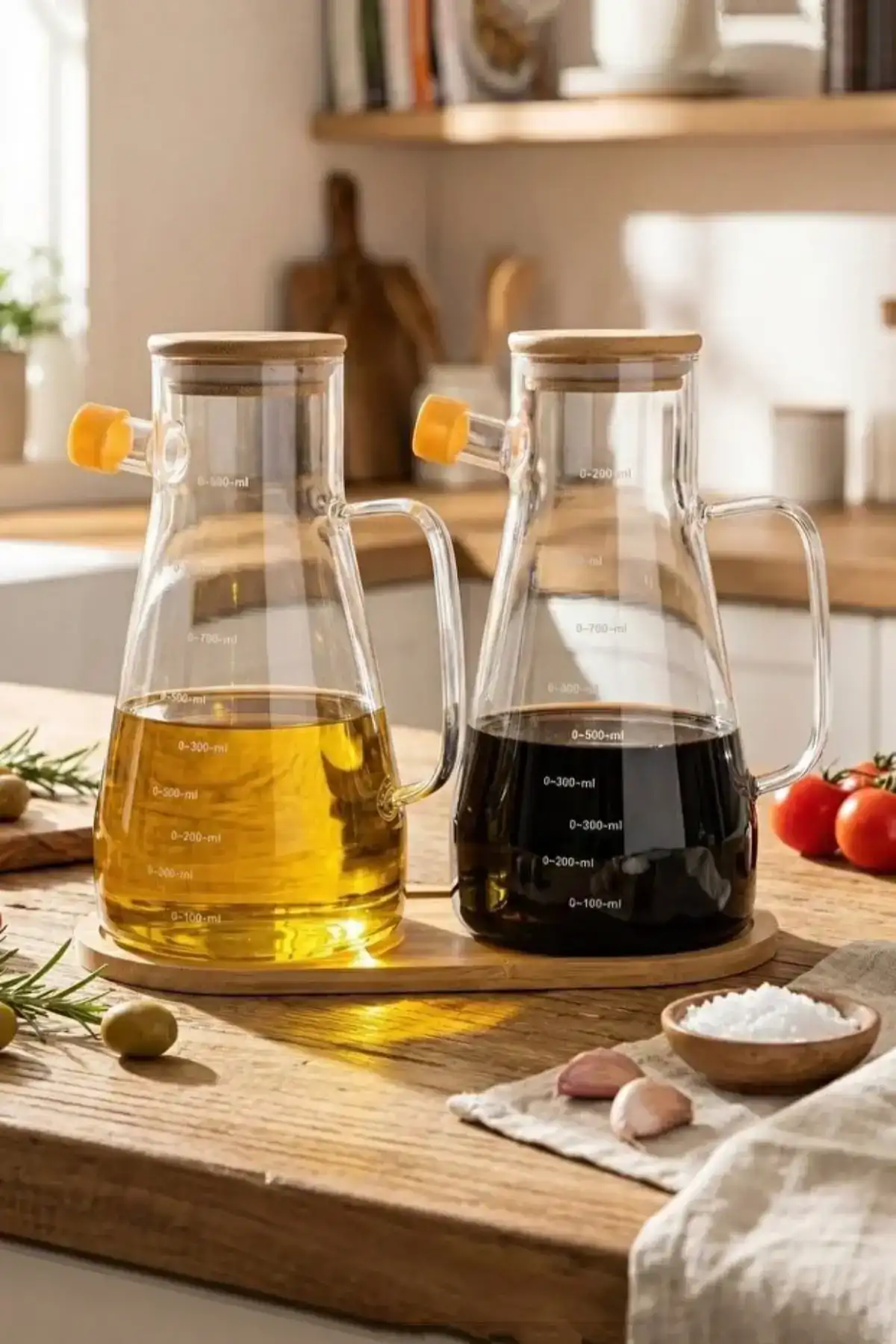 Bambu Kapaklı Vakumlu Borosilikat 3lü Set Cam Yağlık Sirkelik Stantlı Ayçiçek Zeytinyağı Şişesi