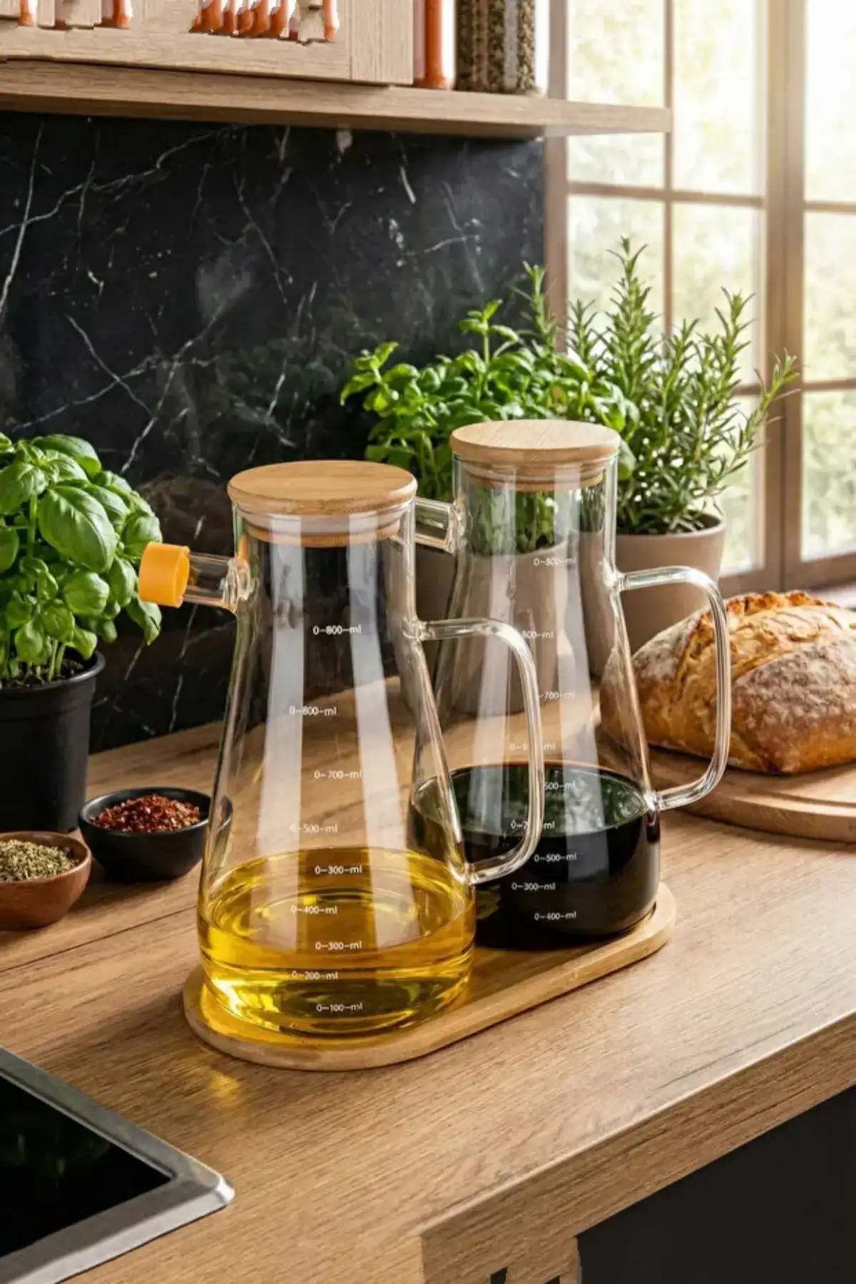 Bambu Kapaklı Vakumlu Borosilikat 3lü Set Cam Yağlık Sirkelik Stantlı Ayçiçek Zeytinyağı Şişesi