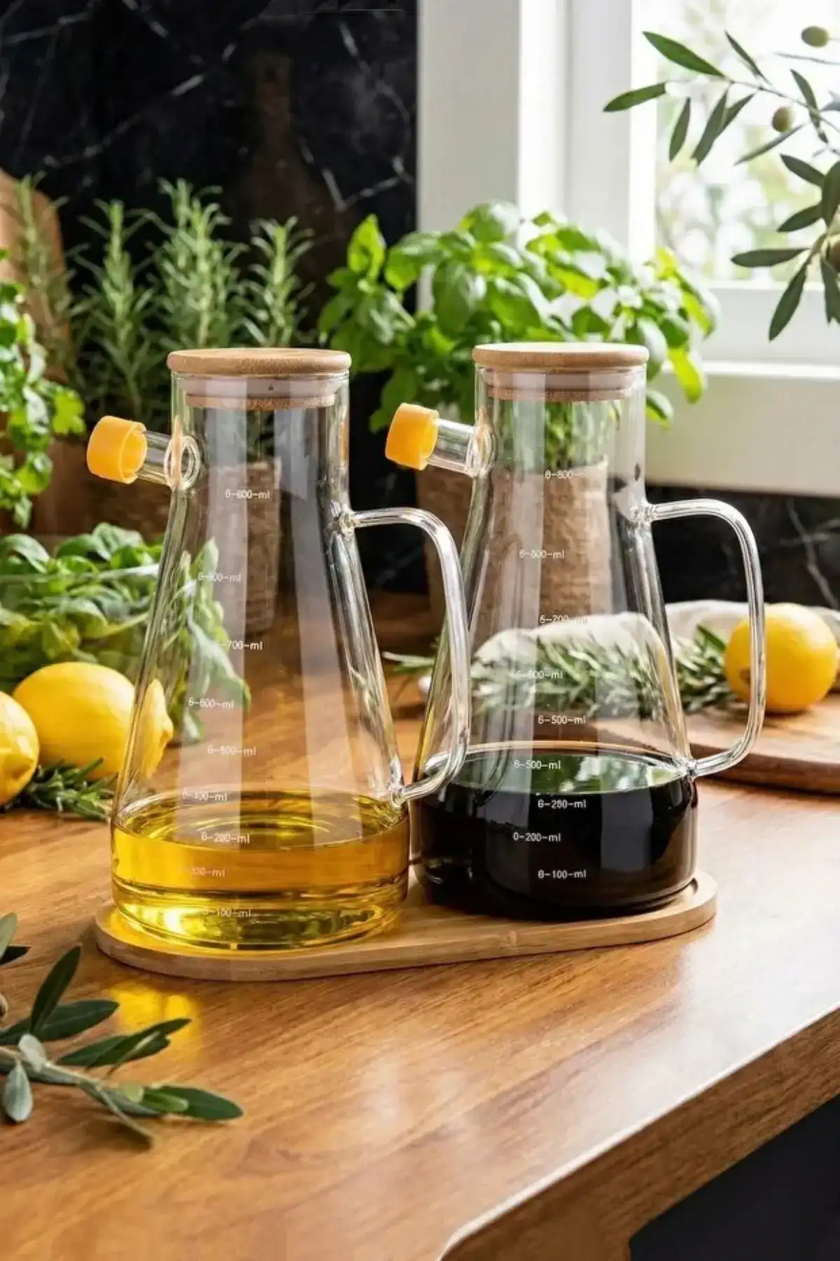 Bambu Kapaklı Vakumlu Borosilikat 3lü Set Cam Yağlık Sirkelik Stantlı Ayçiçek Zeytinyağı Şişesi