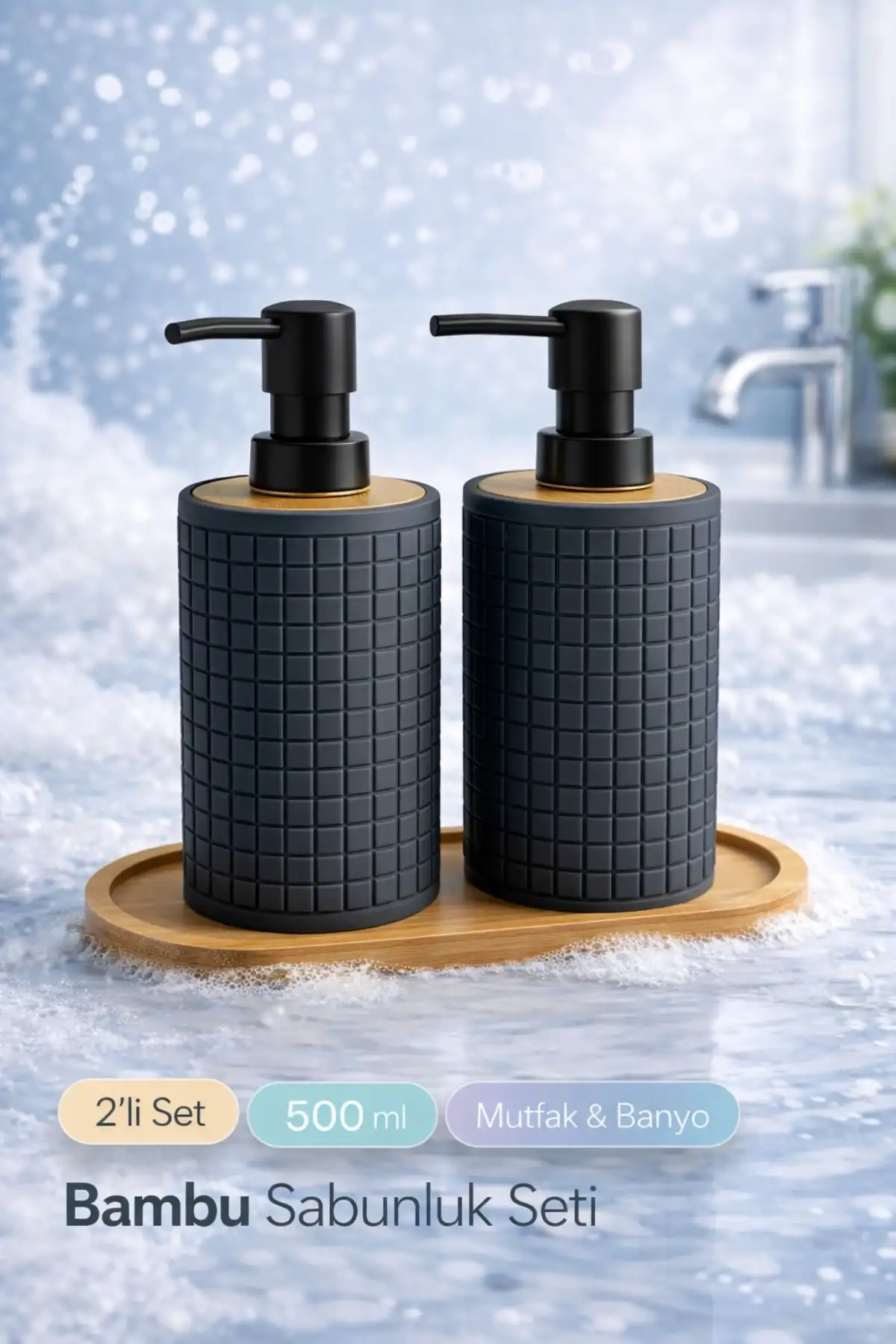 2li Retro Still Sıvı Sabunluk Seti 500ml Mutfak Banyo Kare Figürlü Hands Dishes Bambu Stantlı Set