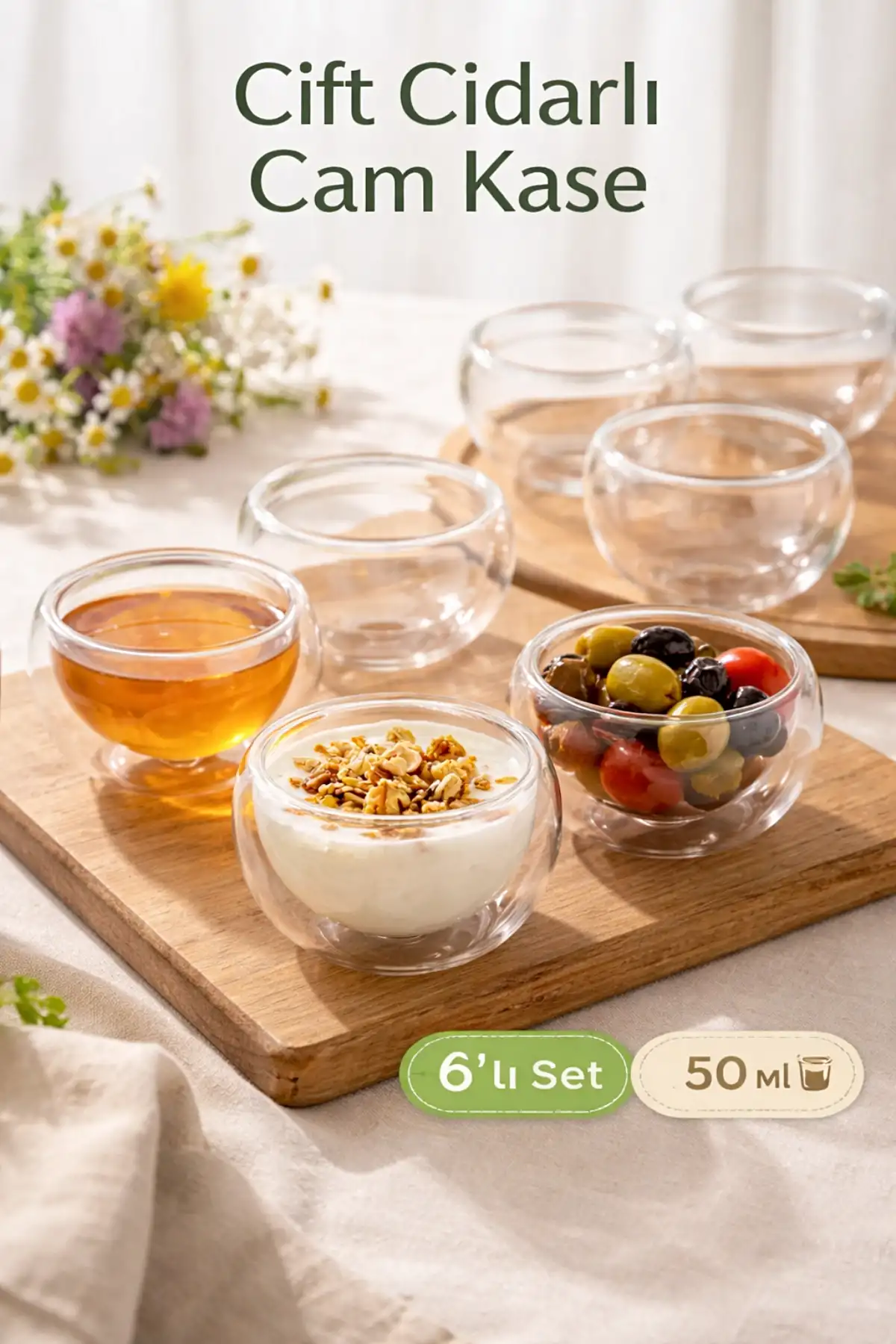 6lı Çift Çidarlı Mini Sosluk Drajelik Lokumluk Kase Şekerlik Çerezlik Sosluk Reçellik Cam Kase Seti