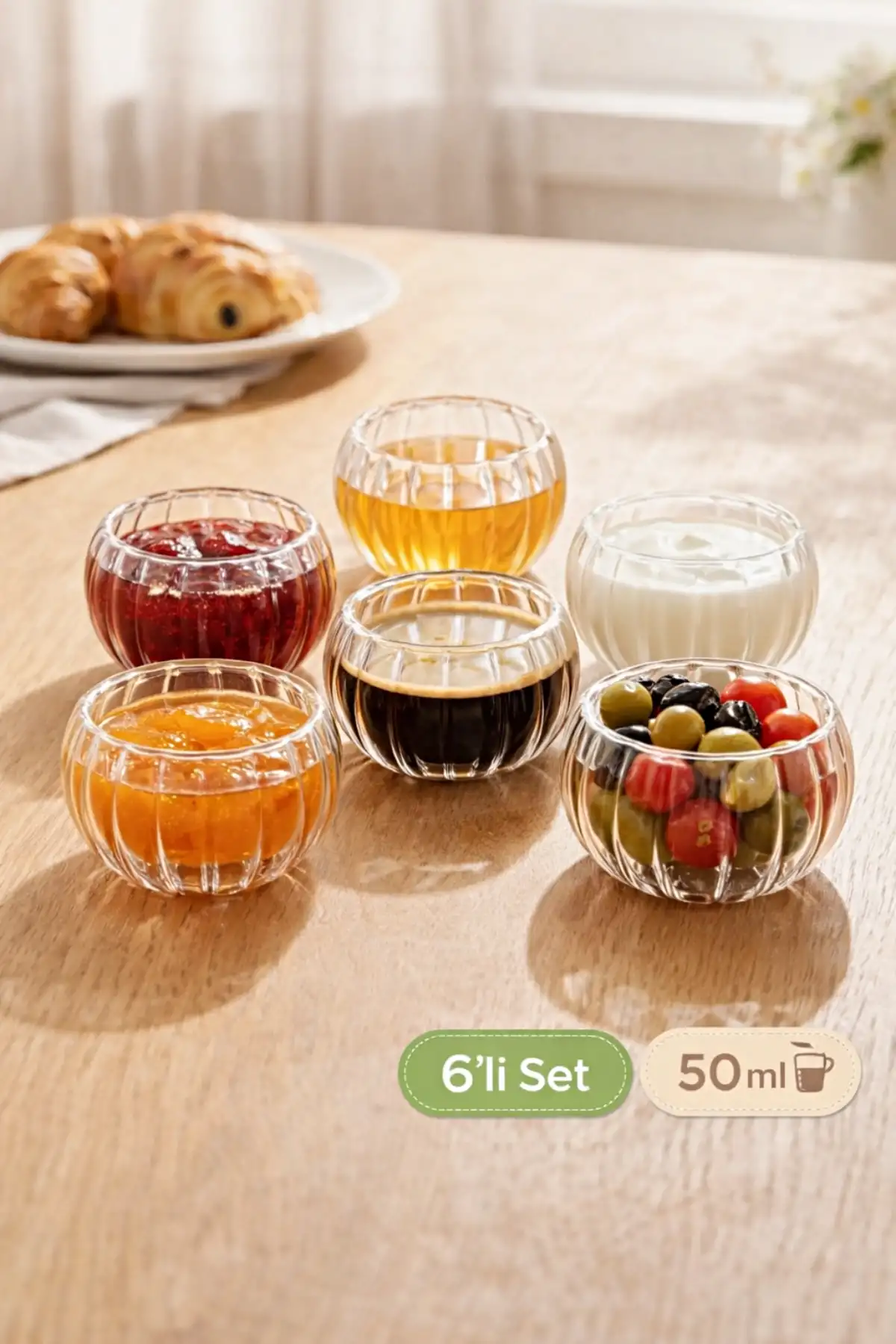 6lı Desenli Çift Çidarlı Mini Sosluk Drajelik Lokumluk Kase Şekerlik Çerezlik Reçellik Cam Kase Set