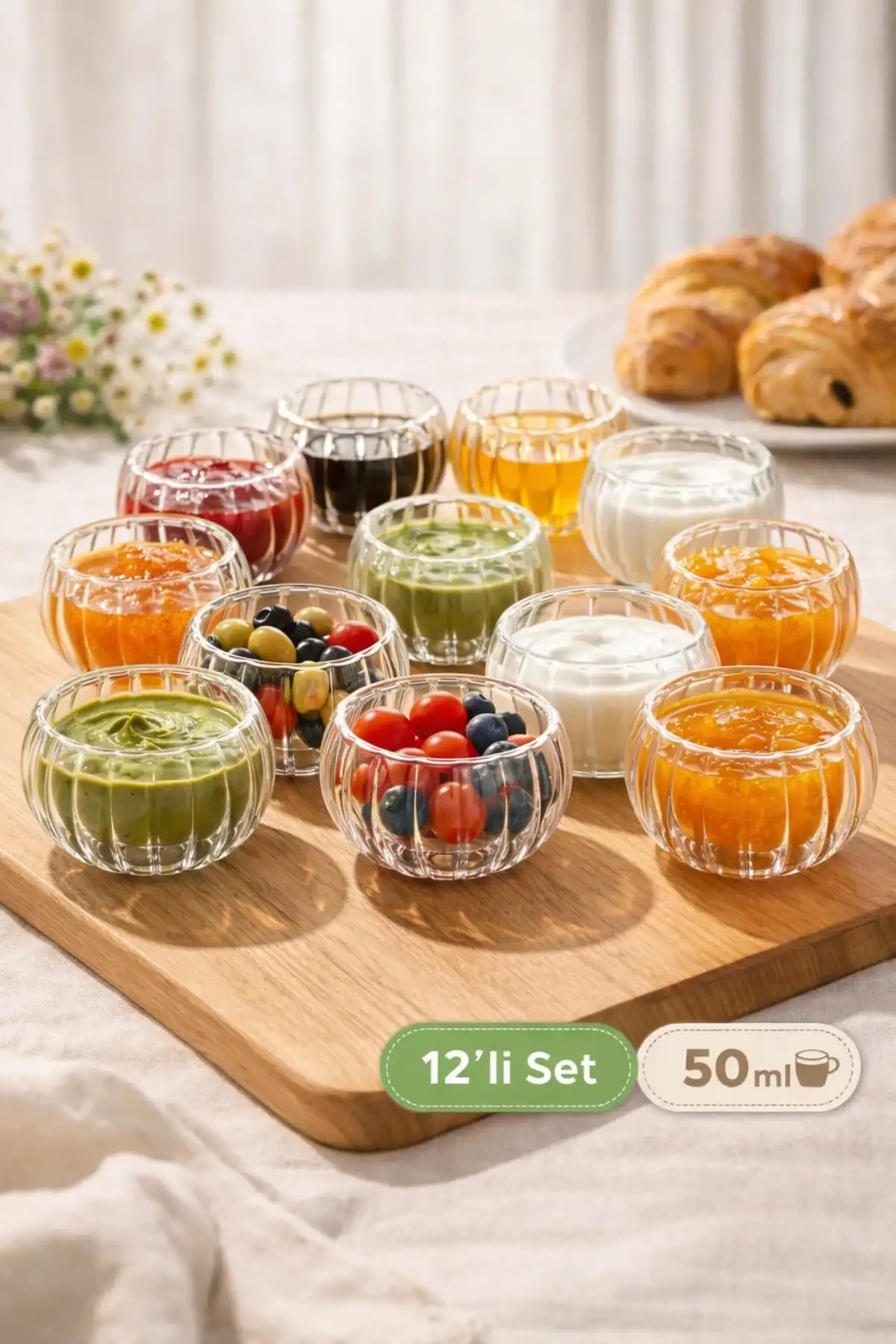 12li Desenli Çift Çidarlı Mini Sosluk Drajelik Lokumluk Kase Şekerlik Çerezlik Reçellik Cam Kase Set
