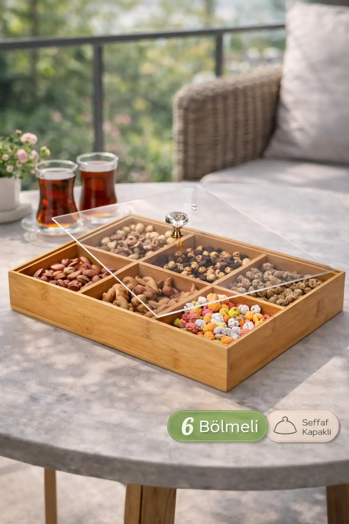 6 Bölmeli Bambu Çerezlik Şeffaf Akrilik Kapaklı Kahvaltı Sunumluk Saklama Kutusu Mutfak Organizer