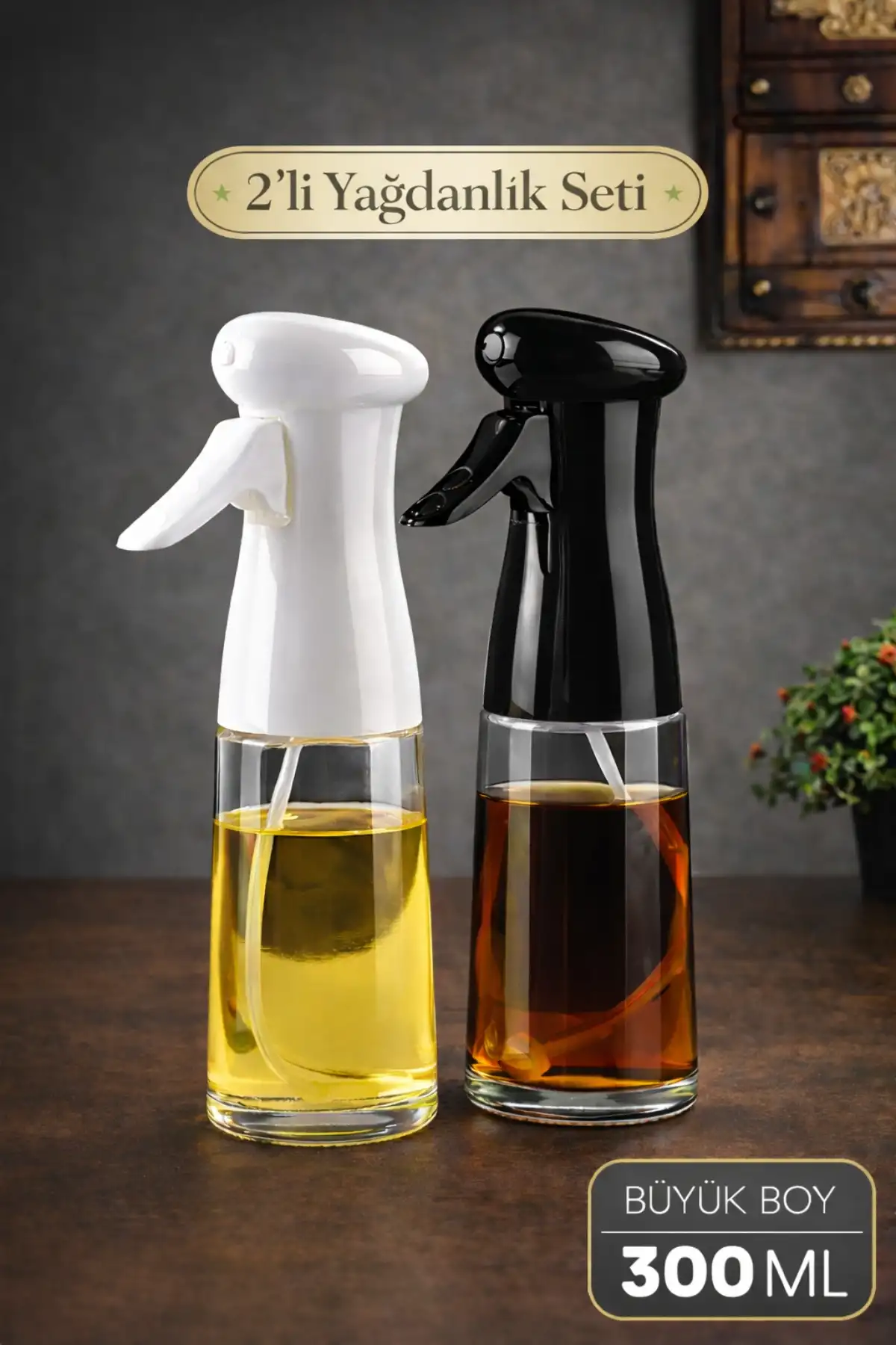 Büyük Boy Sprey Yağdanlık Airfryer Püskürtmeli Cam Şişe Ayçiçek Zeytinyağı 300ml Siyah Beyaz