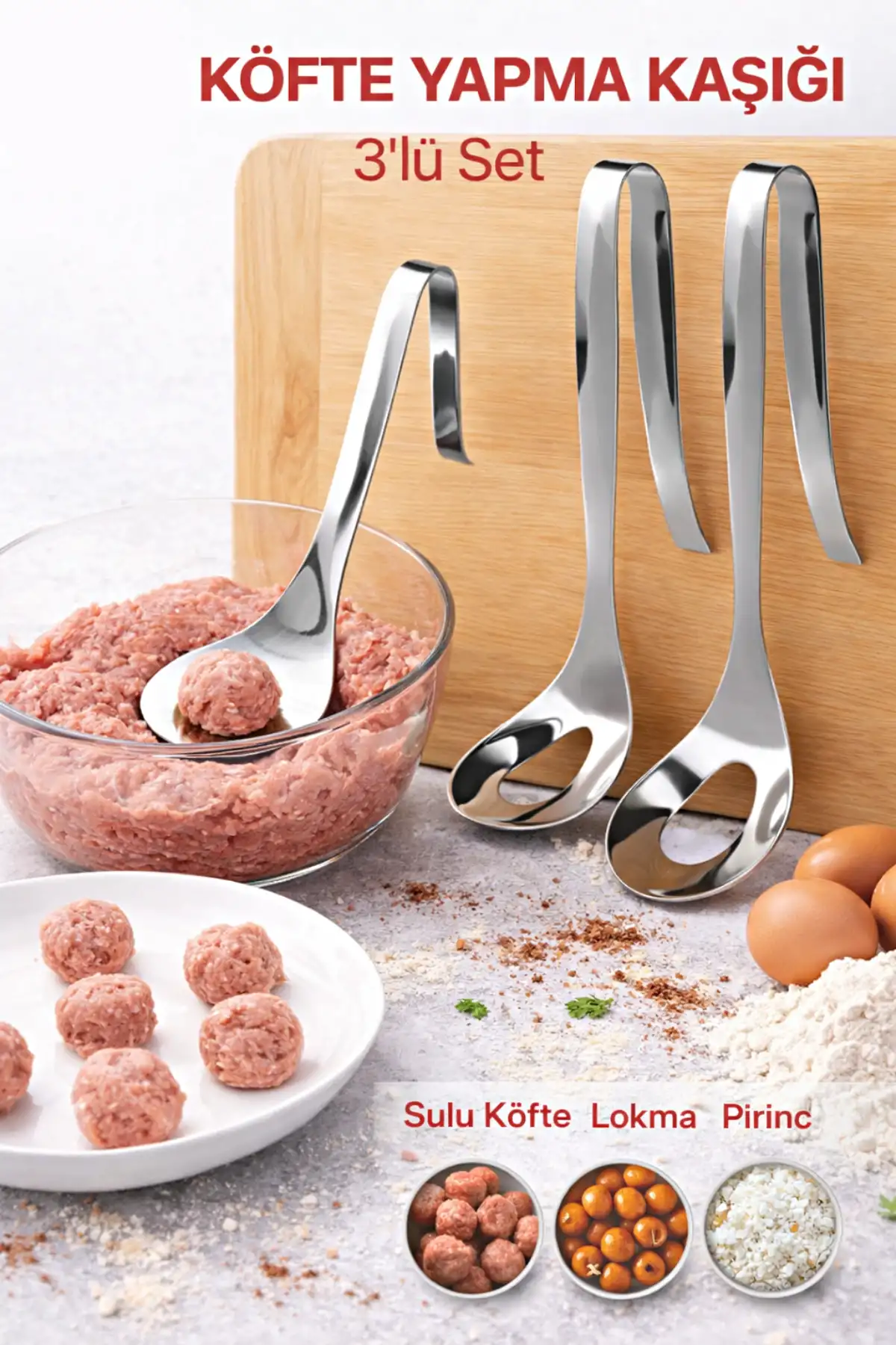 3lü Lokma Kaşığı Paslanmaz Çelik Köfte Kaşığı Sulu Köfte Lokma Pirinç Top Köfte Yapma Kaşık