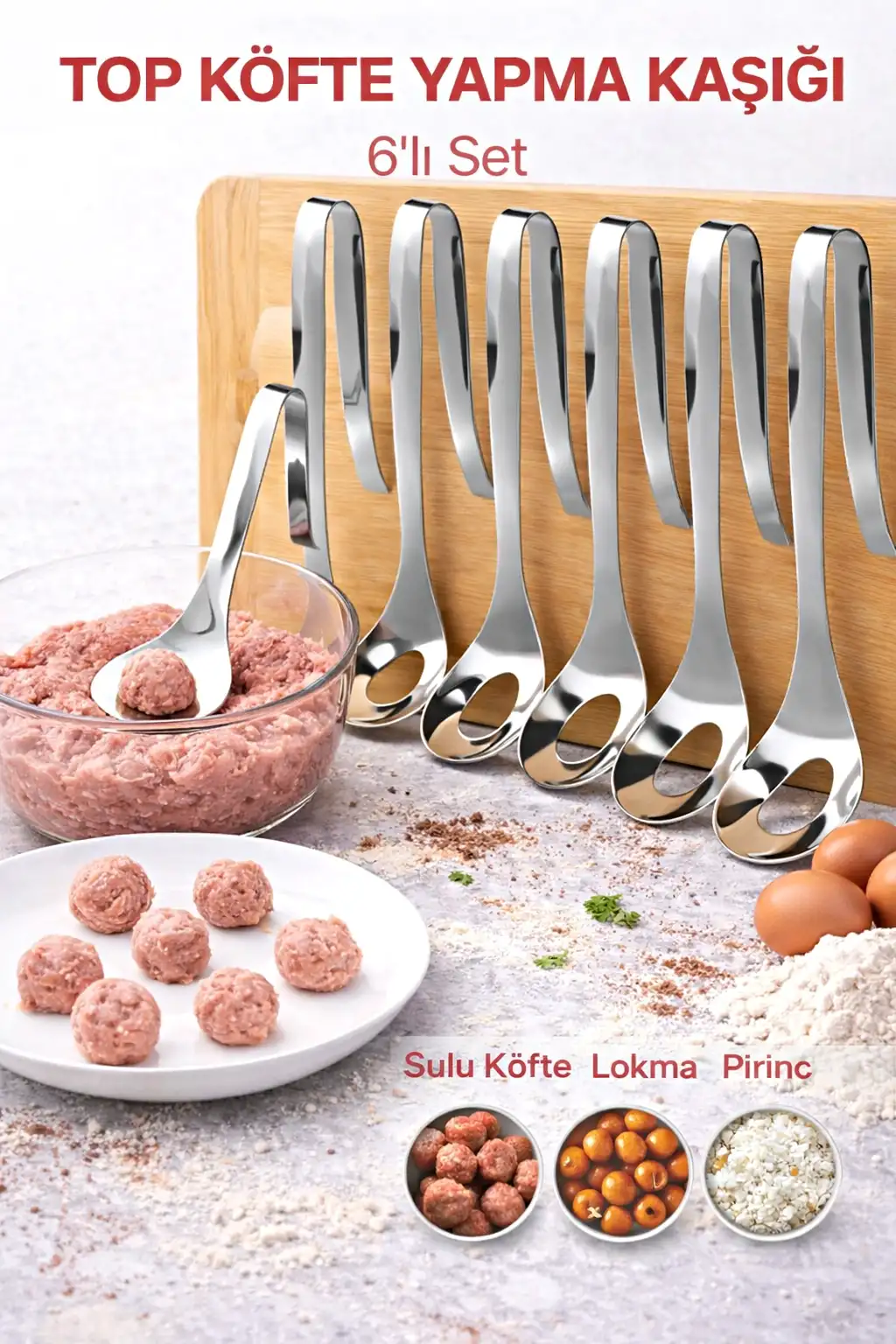 6lı Lokma Kaşığı Paslanmaz Çelik Köfte Kaşığı Sulu Köfte Lokma Pirinç Top Köfte Yapma Kaşık