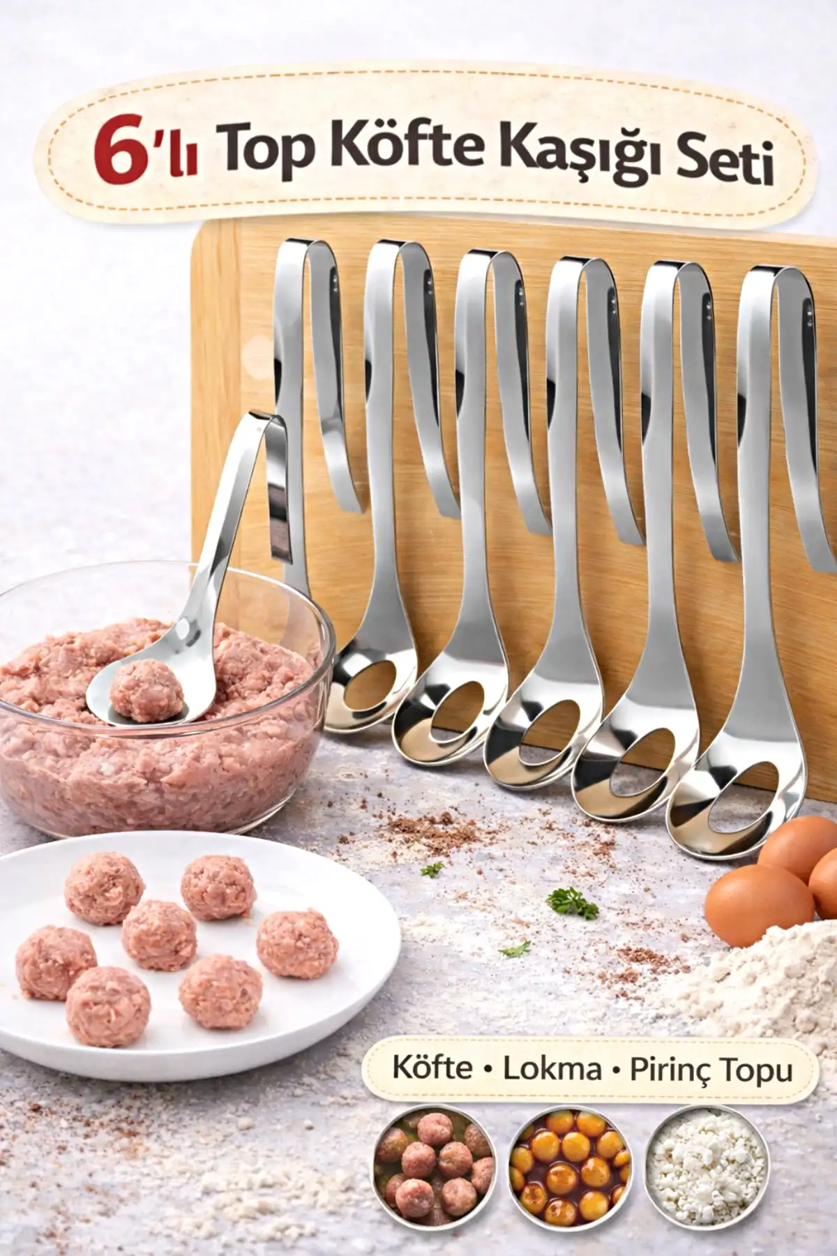 6lı Lokma Kaşığı Paslanmaz Çelik Köfte Kaşığı Sulu Köfte Lokma Pirinç Top Köfte Yapma Kaşık