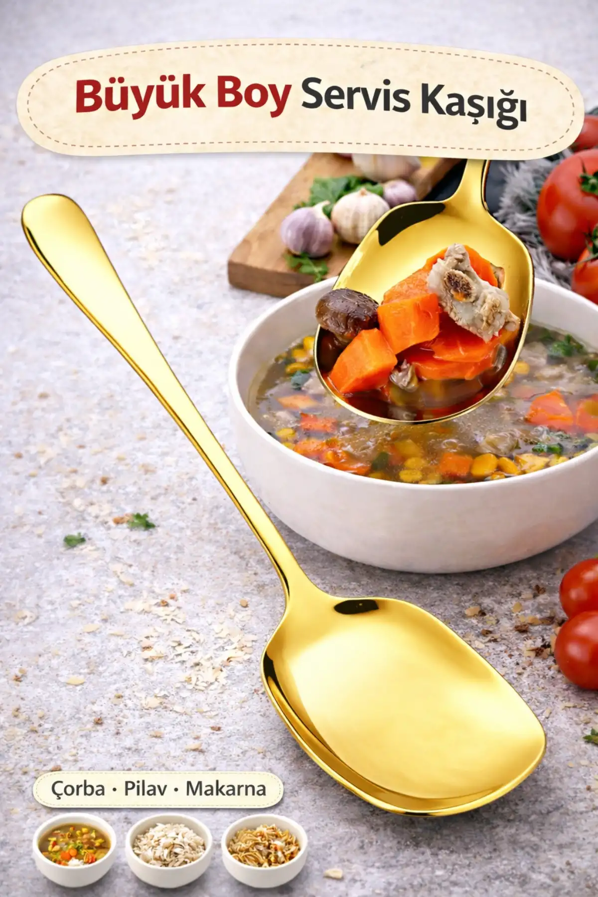 Lüx Gold Servis Kaşığı Büyük Boy Paslanmaz Çelik Kaşık Salata Pasta Yemek Servis Mutfak Kaşığı