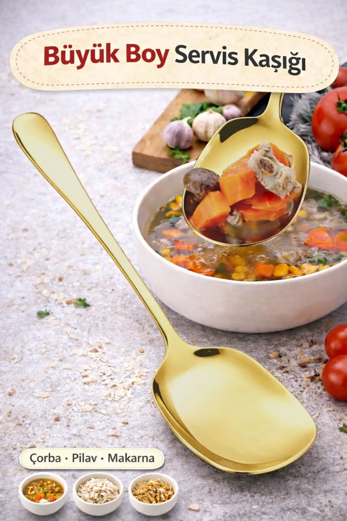 Lüx Gold Servis Kaşığı Büyük Boy Paslanmaz Çelik Kaşık Salata Pasta Yemek Servis Mutfak Kaşığı