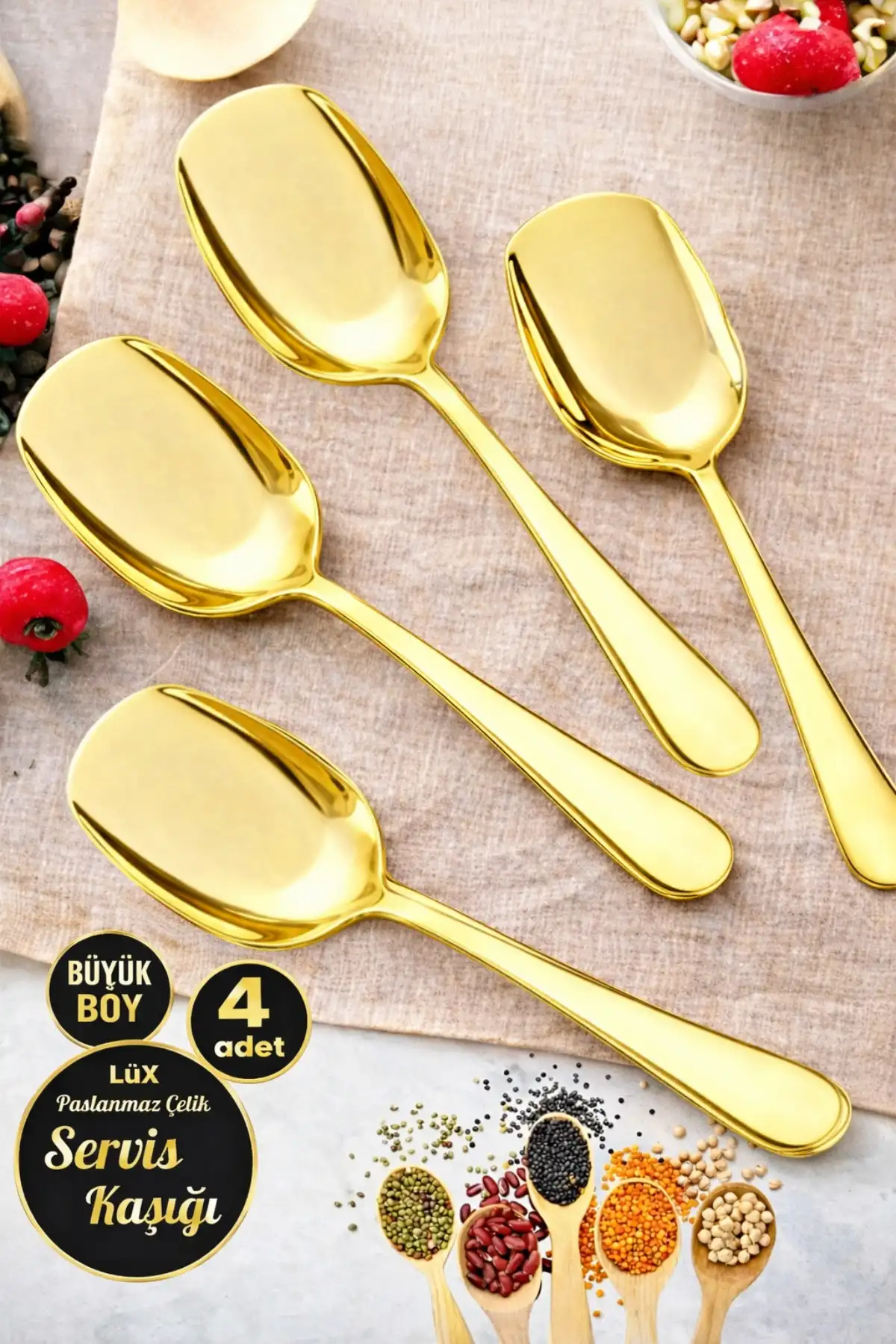 4lü Lüx Gold Servis Kaşığı Seti Büyük Boy Paslanmaz Çelik Kaşık Salata Pasta Yemek Servis Mutfak Kaşığı