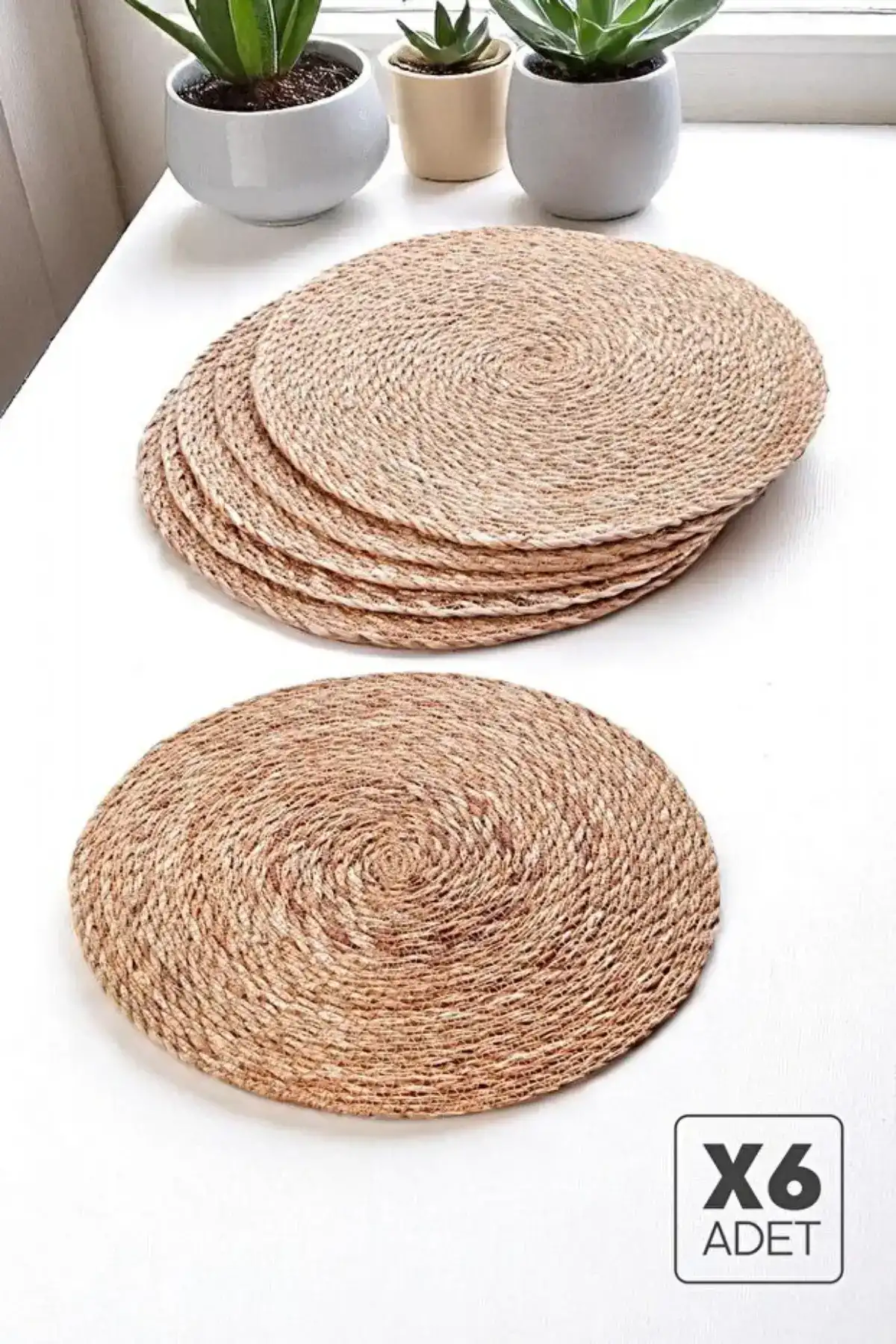 6’lı Amerikan Servisi Hasır Supla Yuvarlak Masa Dekoru Doğal Dokulu Sofra Aksesuarı Rattan