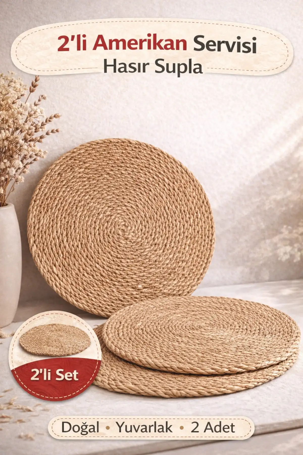 2’li Amerikan Servisi Hasır Supla Yuvarlak Masa Dekoru Doğal Dokulu Sofra Aksesuarı Rattan