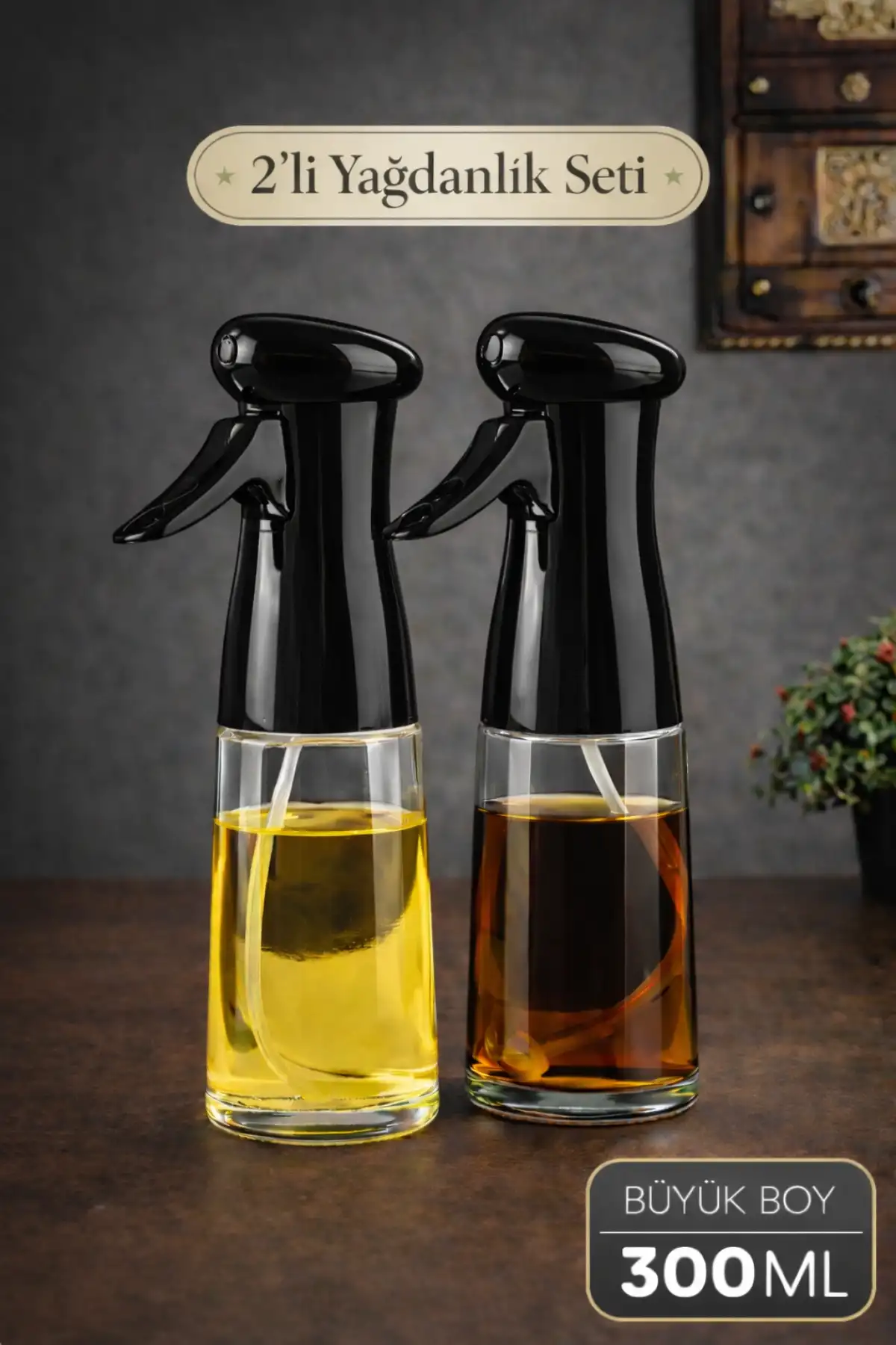 Büyük Boy Sprey Yağdanlık Airfryer Püskürtmeli Cam Şişe Ayçiçek Zeytinyağı 300ml Siyah