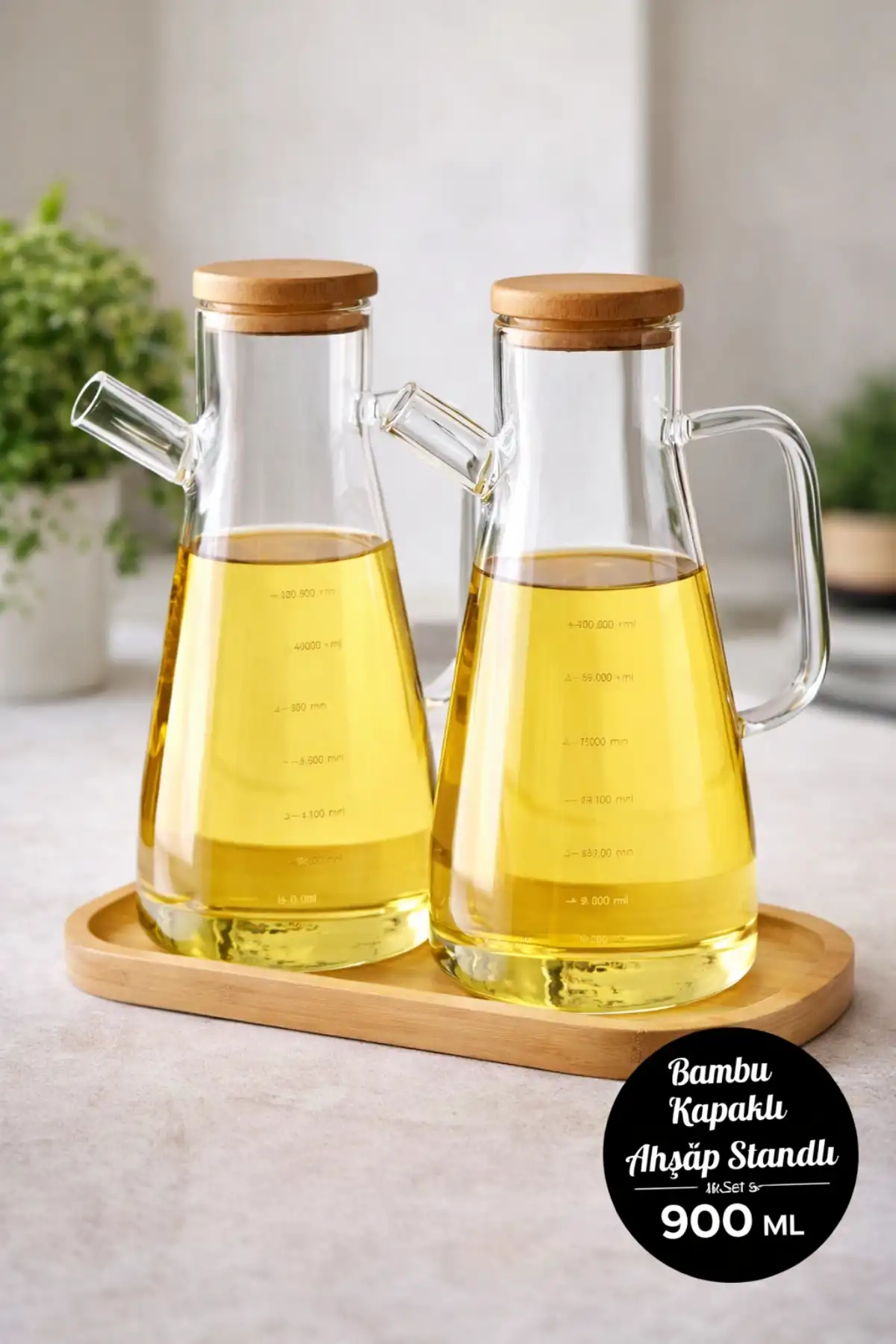 Bambu Kapaklı Cam Yağdanlık Vakumlu Ahşap Stantlı Sirkelik Zeytinyağı Şişesi Yağlık 900 ml 3lü Set