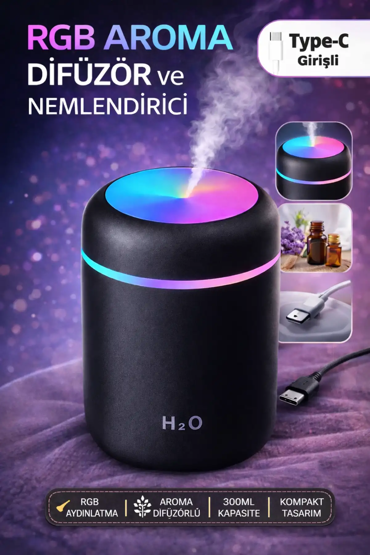 LED Işıklı USB Ultrasonik Hava Nemlendirici Buhar Makinesi ve Kokulu Aroma H2O Difüzör Cihazı 300ml