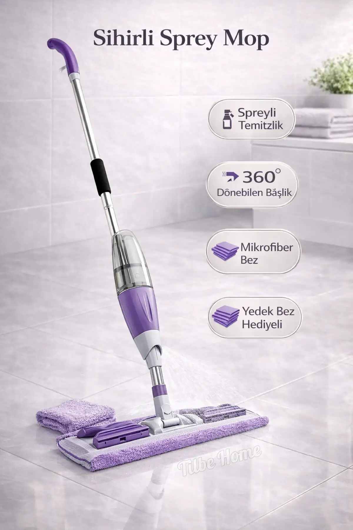 Sihirli Teleskobik Mandallı Sprey Mop Yedek Bezli Yer Fayans Duvar Yüzey Temizlik Mikrofiber Paspas