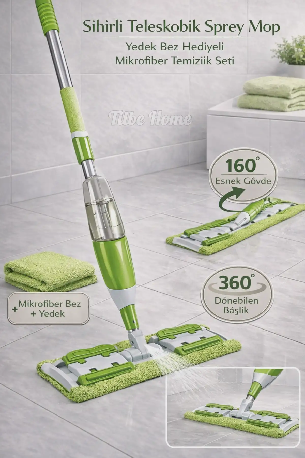 Sihirli Teleskobik Mandallı Sprey Mop Yedek Bezli Mikrofiber Paspas Yer Fayans Duvar Yüzey Temizlik