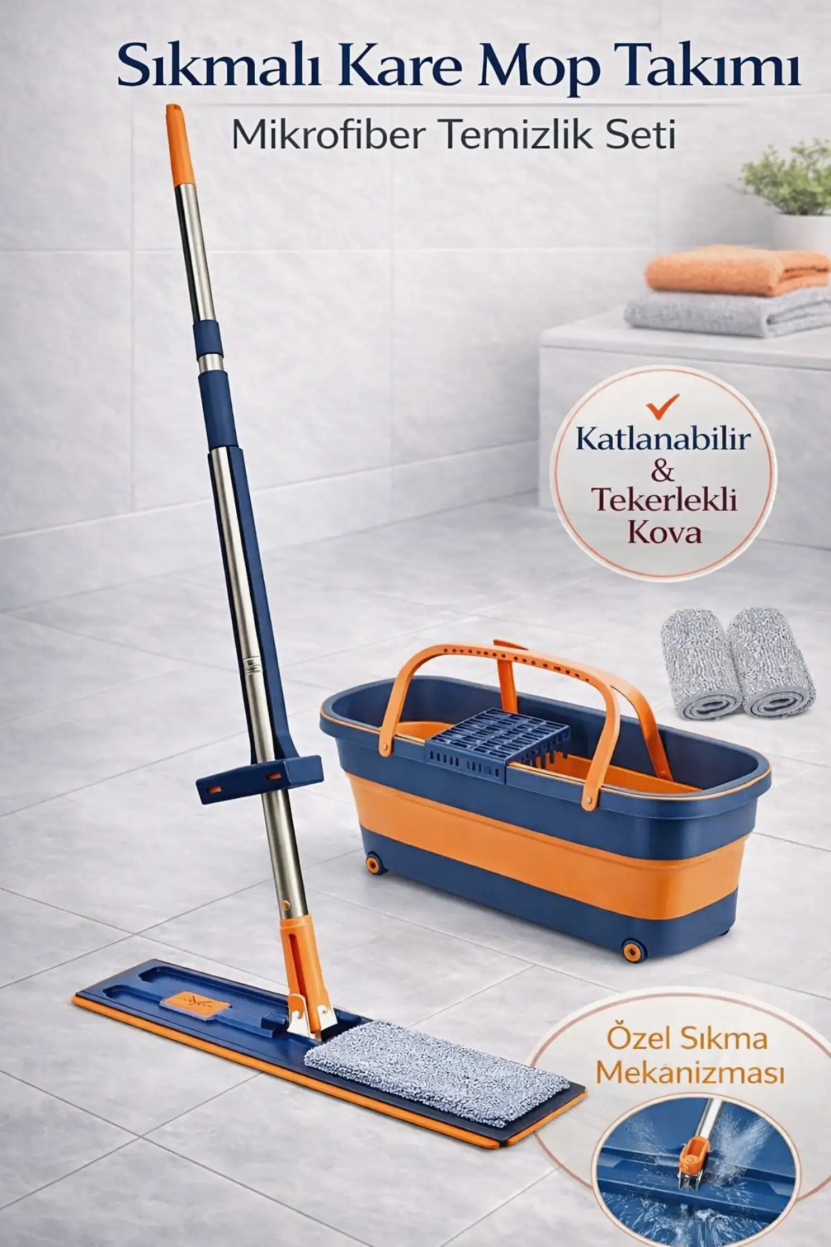 Kendinden Sıkmalı Kovalı Mop Seti - Kendinden Sıkmalı Mop Katlanabilir Tekerlekli Kova 1 Yedek Bez