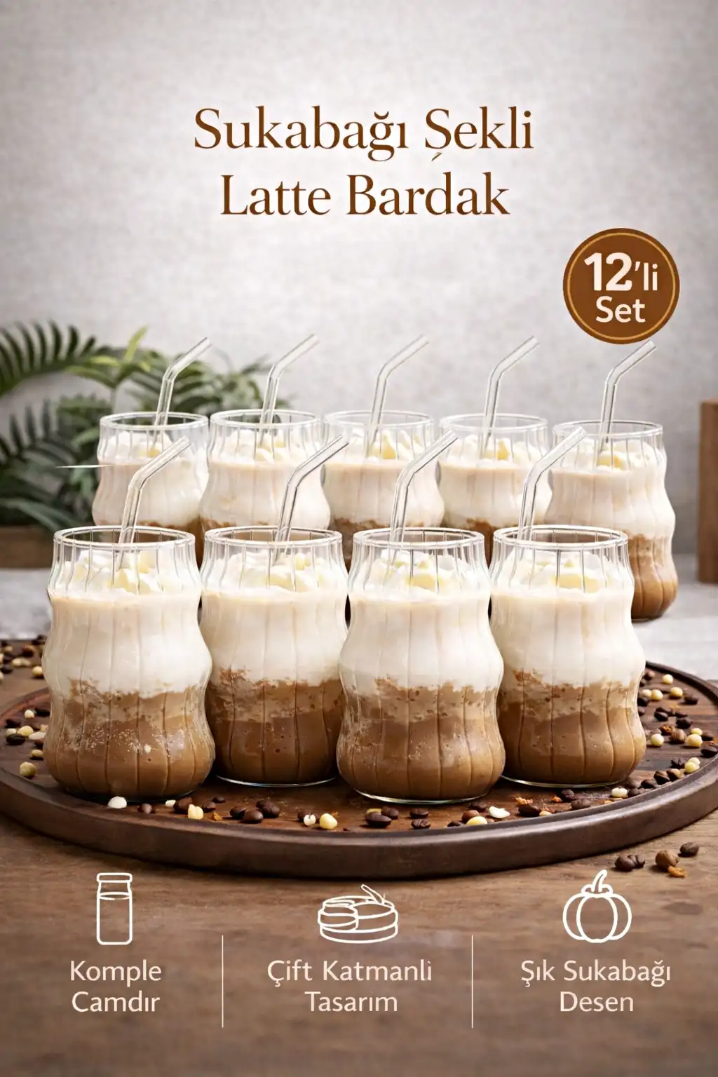 12li Sukabağı Latte Pipetli Cam Bardak İskandinav Burgu Kahve Kokteyl 3 Katlı Sunum Bardağı 400ml