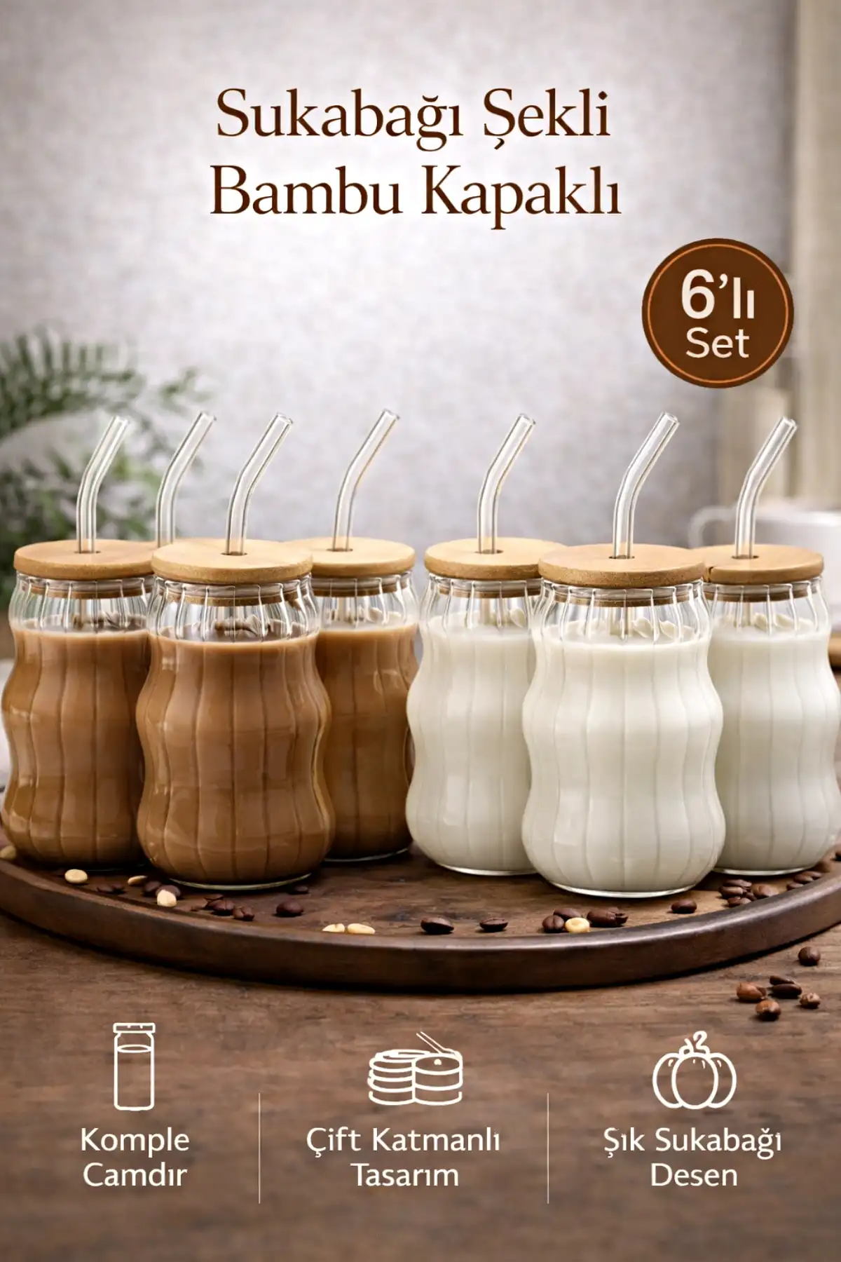 6lı Bambu Kapaklı Sukabağı Latte İskandinav Cam Pipetli Bardak Kahve Kokteyl Sunum Bardağı 400ml