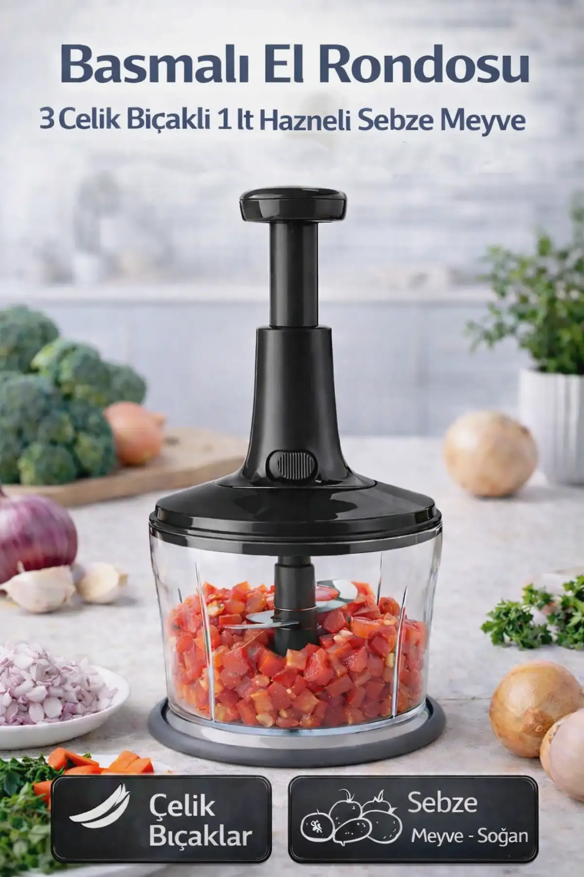 Pratik Basmalı El Rondosu 3 Çelik Bıçaklı Hazneli Sebze Meyve Soğan Doğrayıcı Mutfak El Robotu