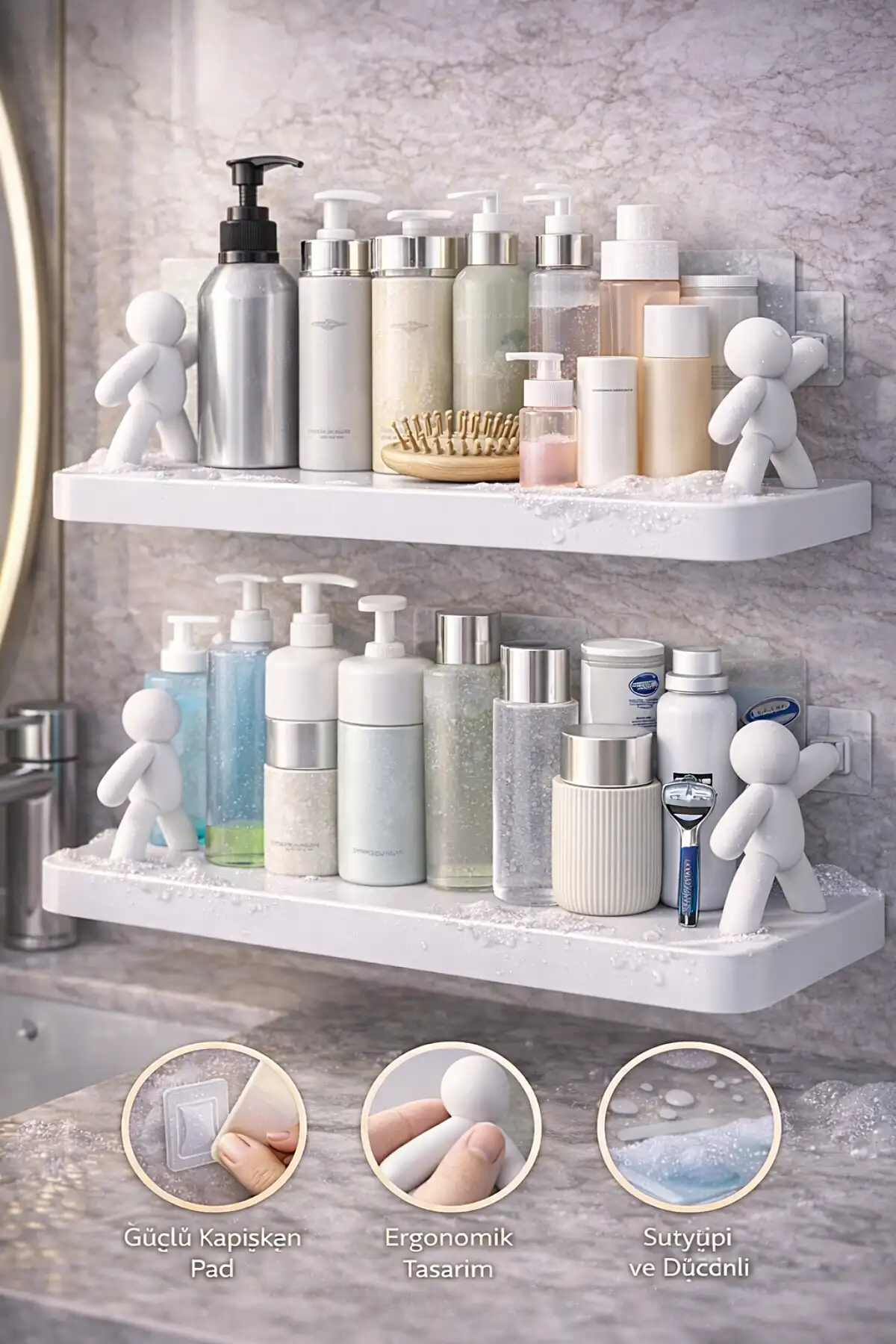 2li Figürlü Kendinden Yapışkanlı Craft Banyo Rafı Organizer Duvara Monte Mutfak Düzenleyici Beyaz