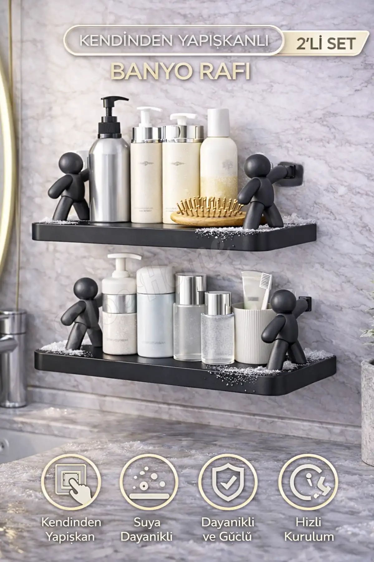 2li Figürlü Kendinden Yapışkanlı Craft Banyo Rafı Organizer Duvara Monte Mutfak Düzenleyici Siyah