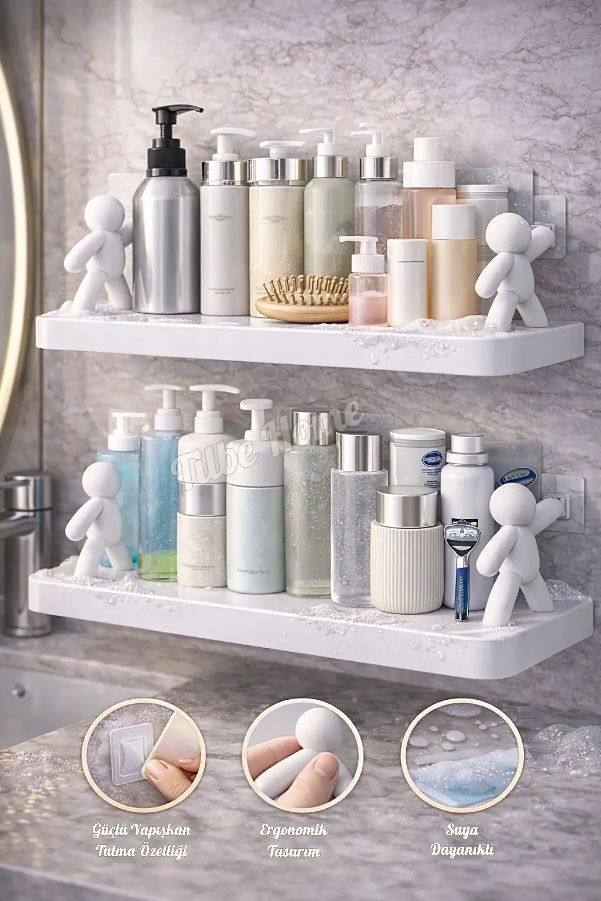 Figürlü Kendinden Yapışkanlı Craft Banyo Rafı Organizer Duvara Monte Mutfak Düzenleyici Beyaz