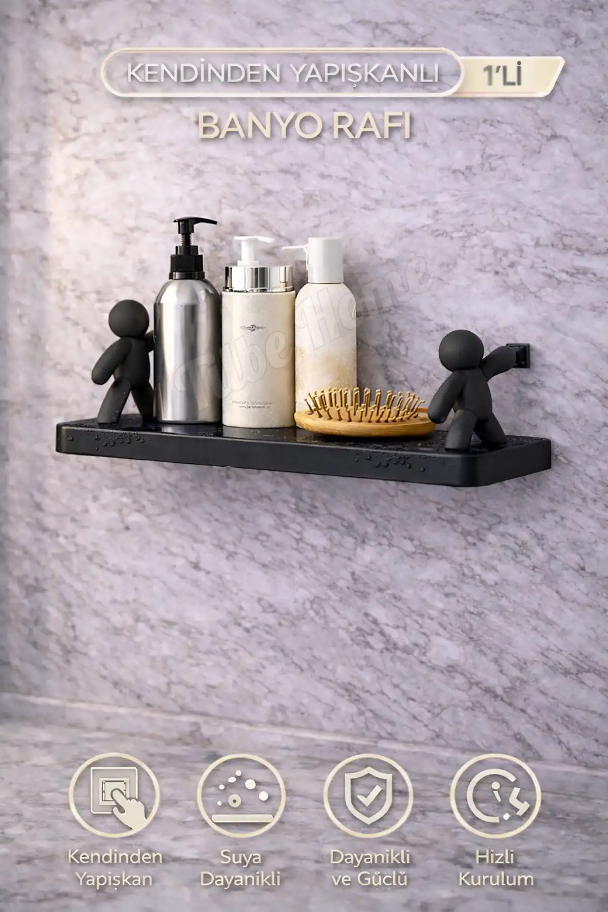 Figürlü Kendinden Yapışkanlı Craft Banyo Rafı Organizer Duvara Monte Mutfak Düzenleyici Siyah